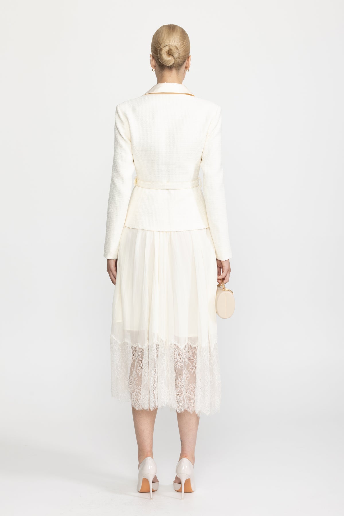 Satin Collar Tweed Jacket Dress with Pleated Lace Skirt - Ivoire
