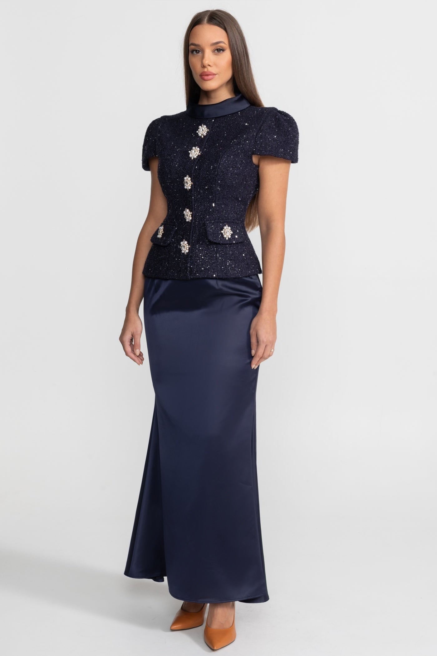 Co-Ord Set with Tweed Embellished Top and Satin Maxi Skirt - Navy