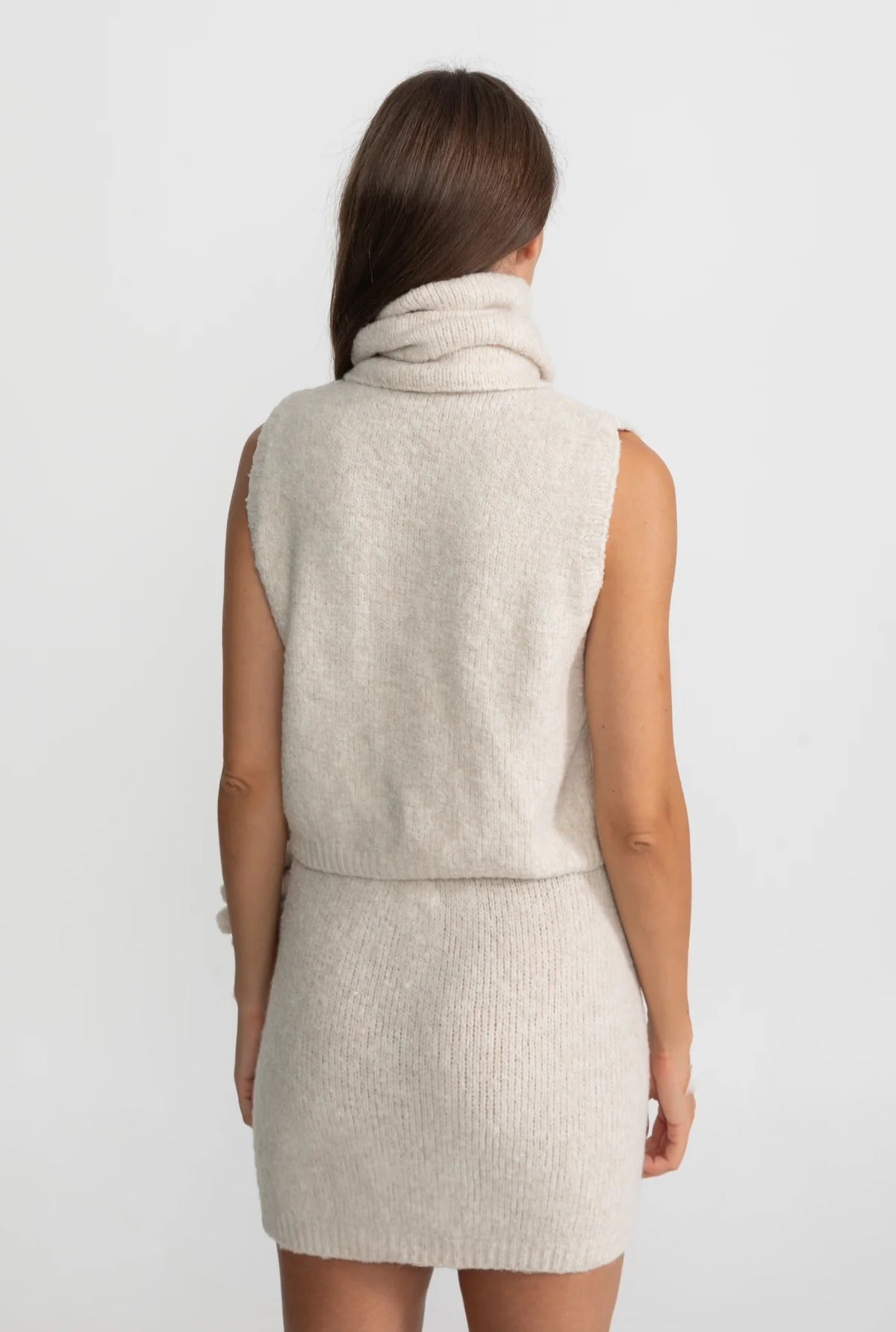 Knitted Three-Piece Set with Sculptural Ruffle Details - Beige