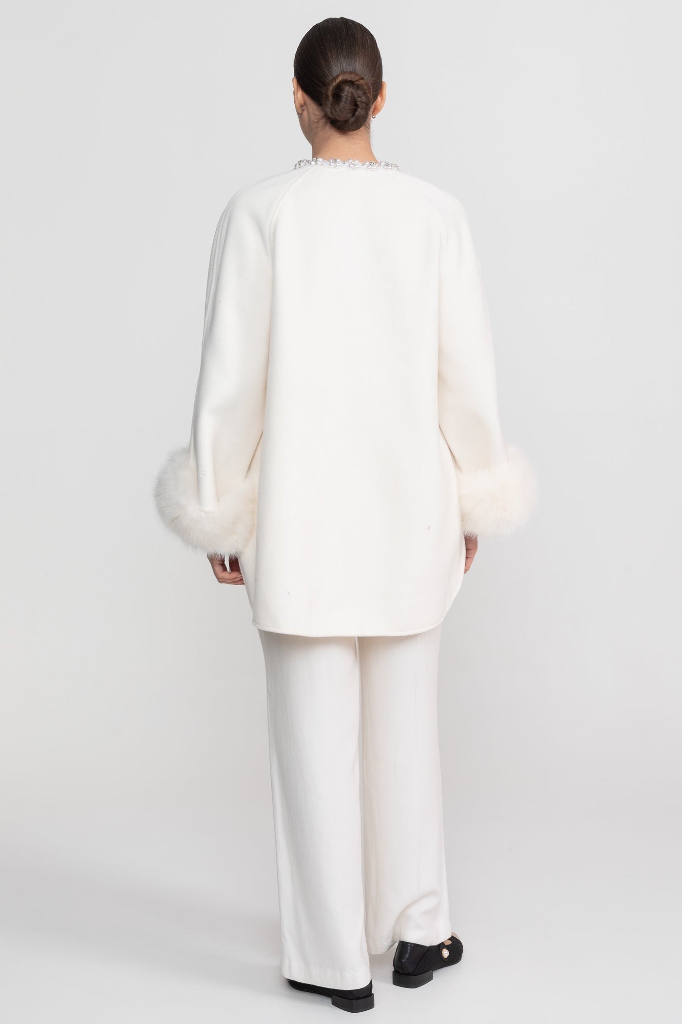 Longline Coat With Pearl Embellished Neckline And Fur Cuffs - White