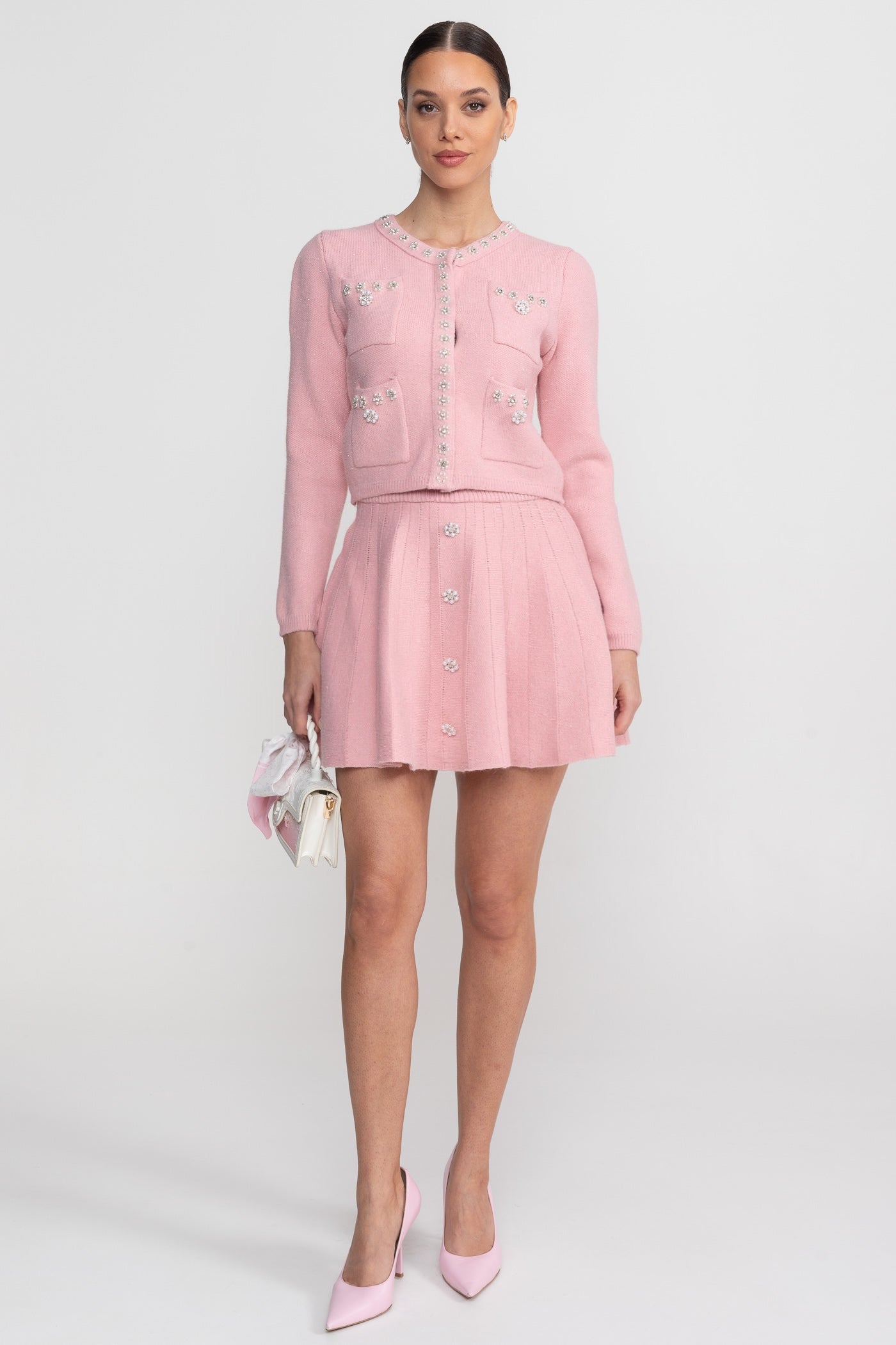 طقم منسوج متناسق مع كارديغان بأكمام طويلة وتنورة ميني مطابقة - Blush Pink