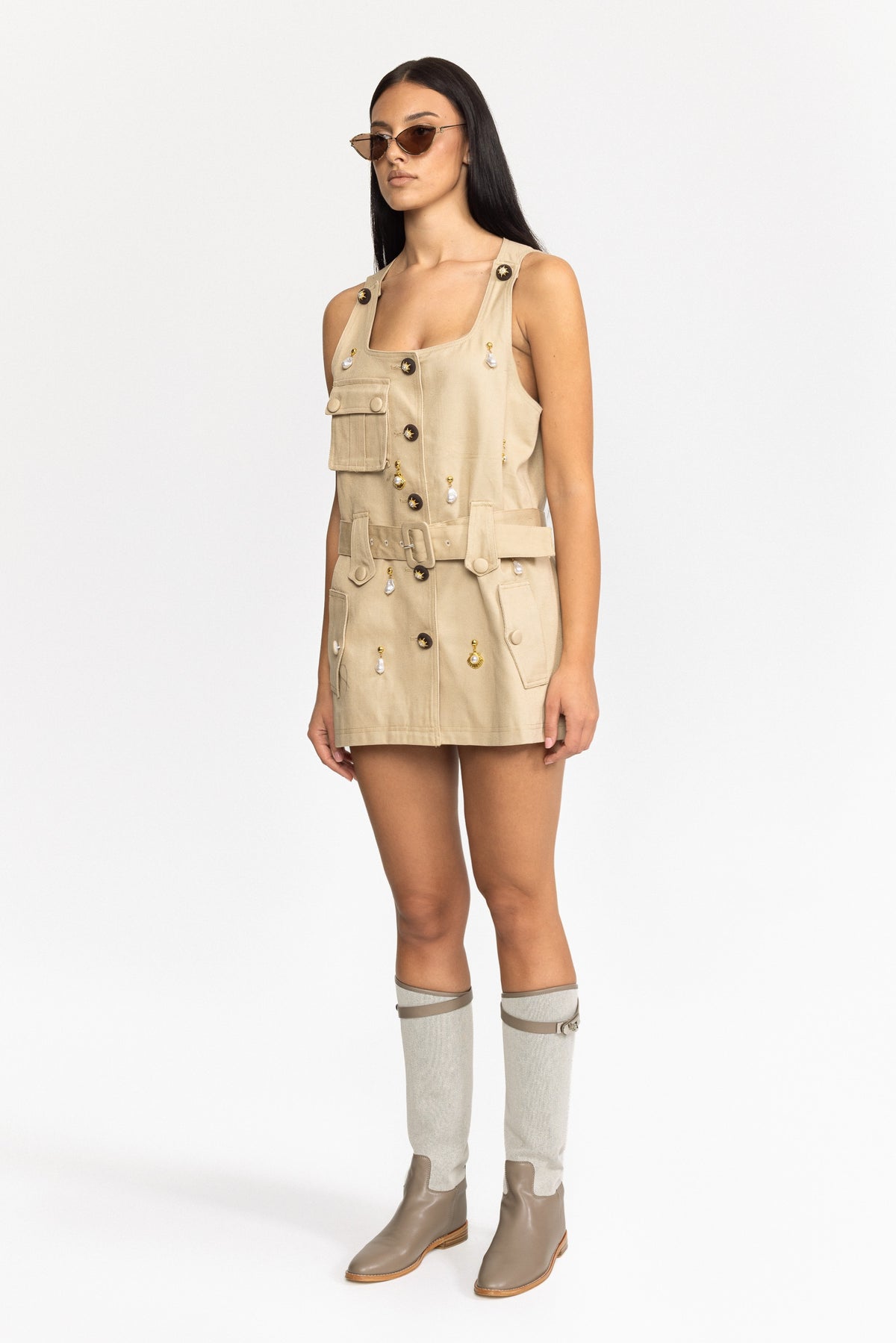 Pearl Charm Cotton Utility Mini Dress - Khaki