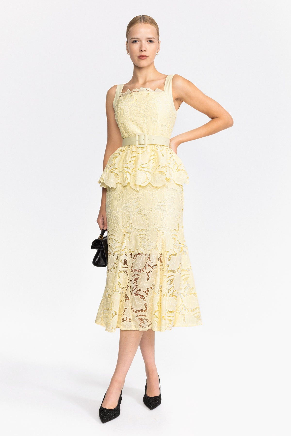 Guipure Lace Peplum Midi Dress - Yellow