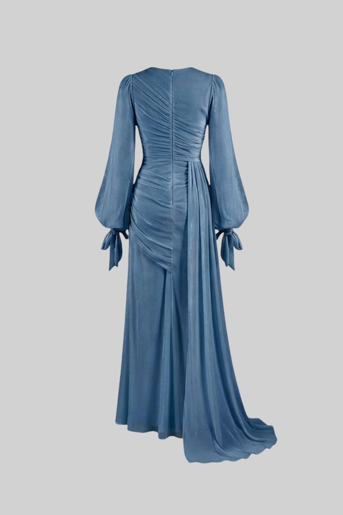 فستان ماكسي بأكمام طويلة مُطرز ومُجمع عند الخصر – baby blue