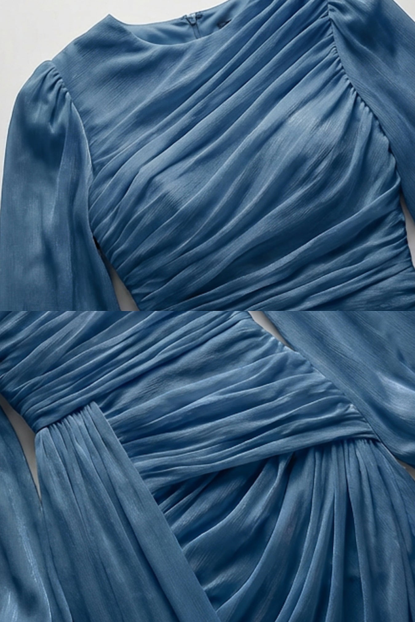 فستان ماكسي بأكمام طويلة مُطرز ومُجمع عند الخصر – baby blue