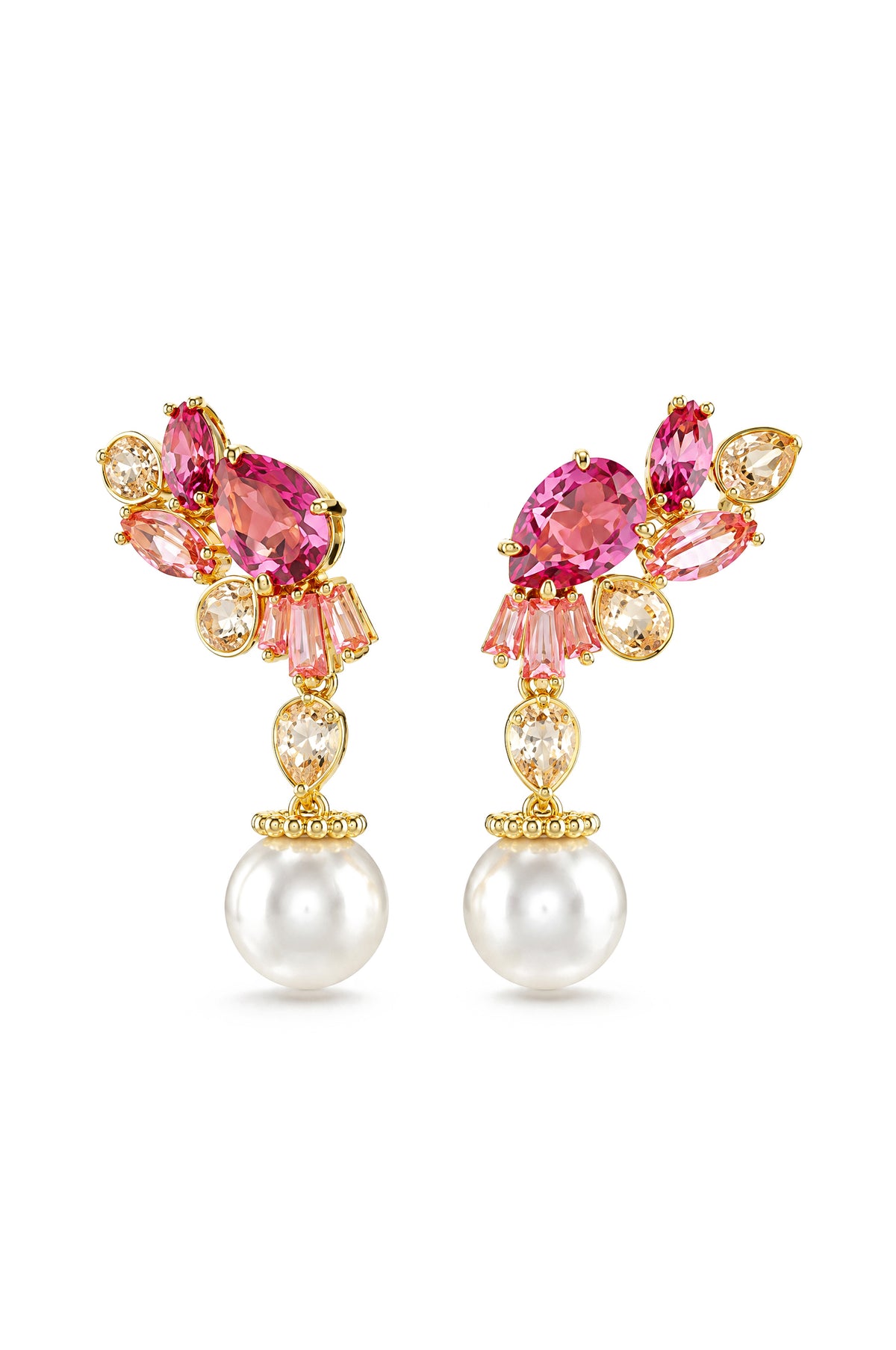 Red Crystal Pearl Drop Earrings - Gold