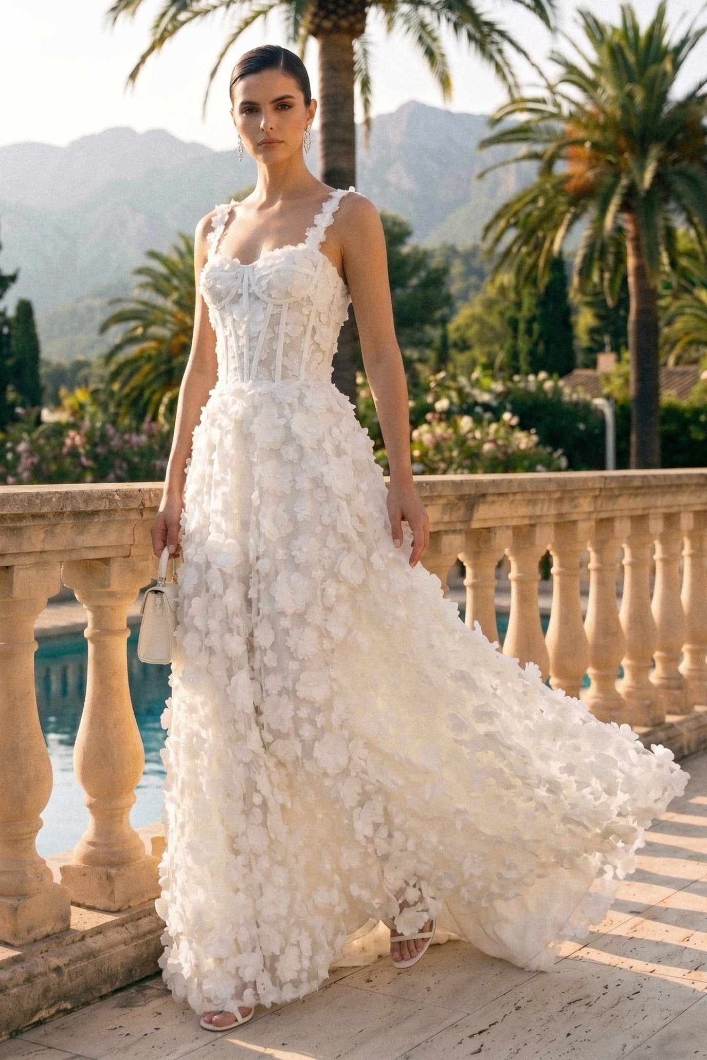 Floral Appliqué Maxi Dress With Corset Bodice - White