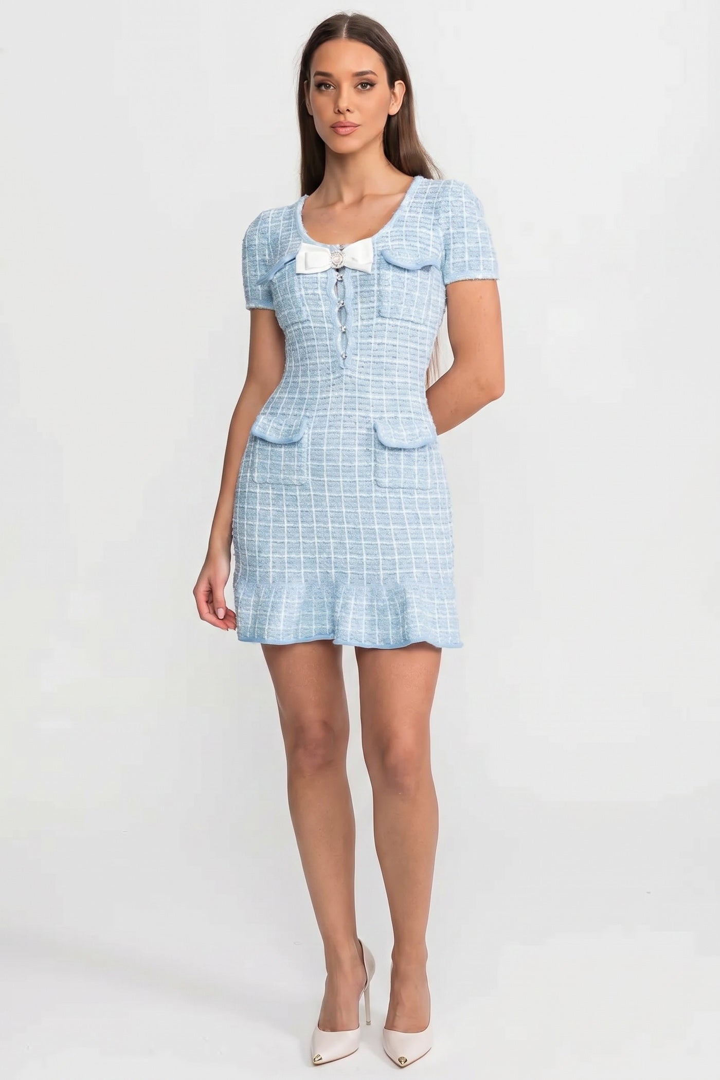 Textured Tweed Mini Dress with Bow Detail – Light Blue