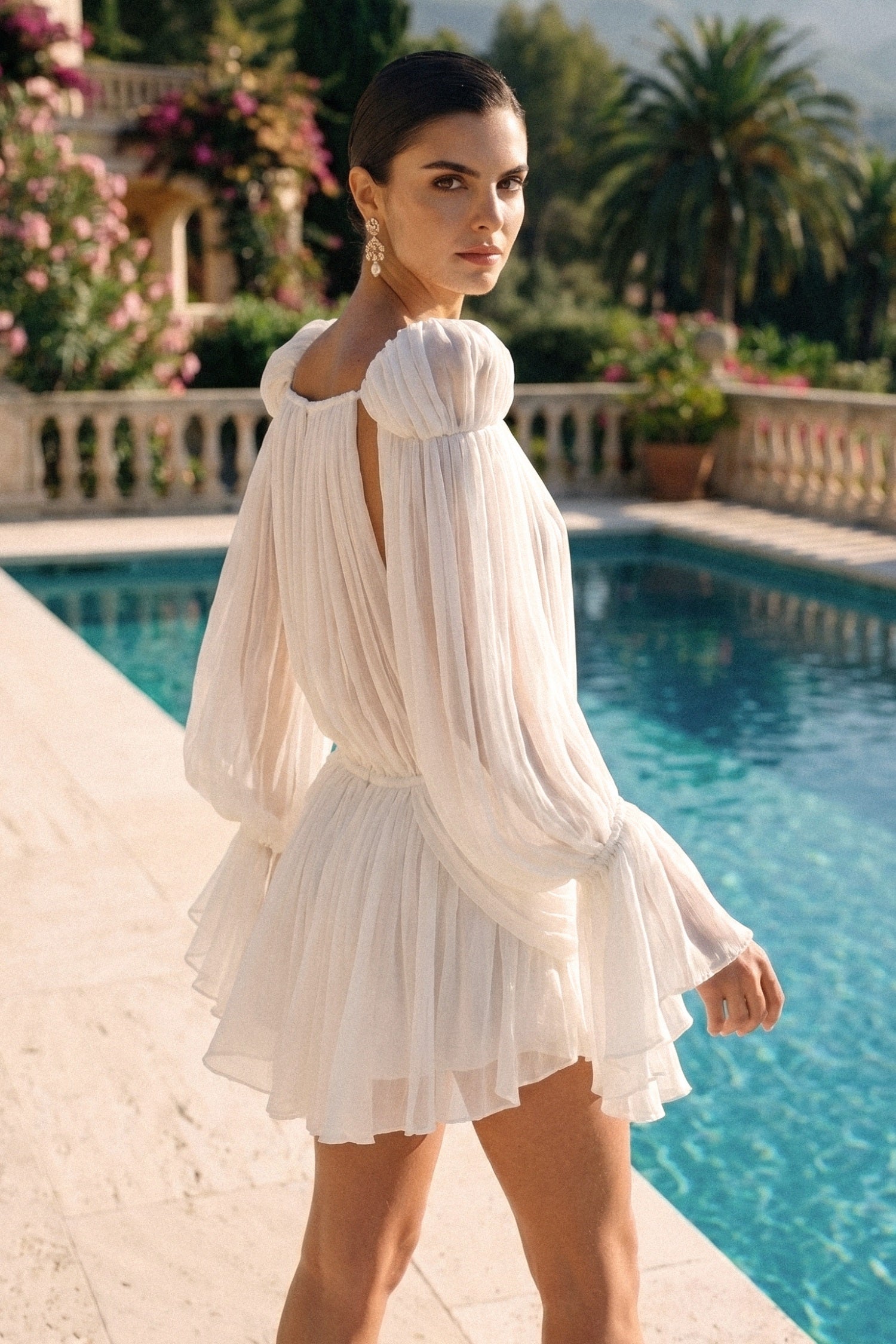 Sheer Draped Mini Dress With Cape Sleeves And Gold Clip Detail - White