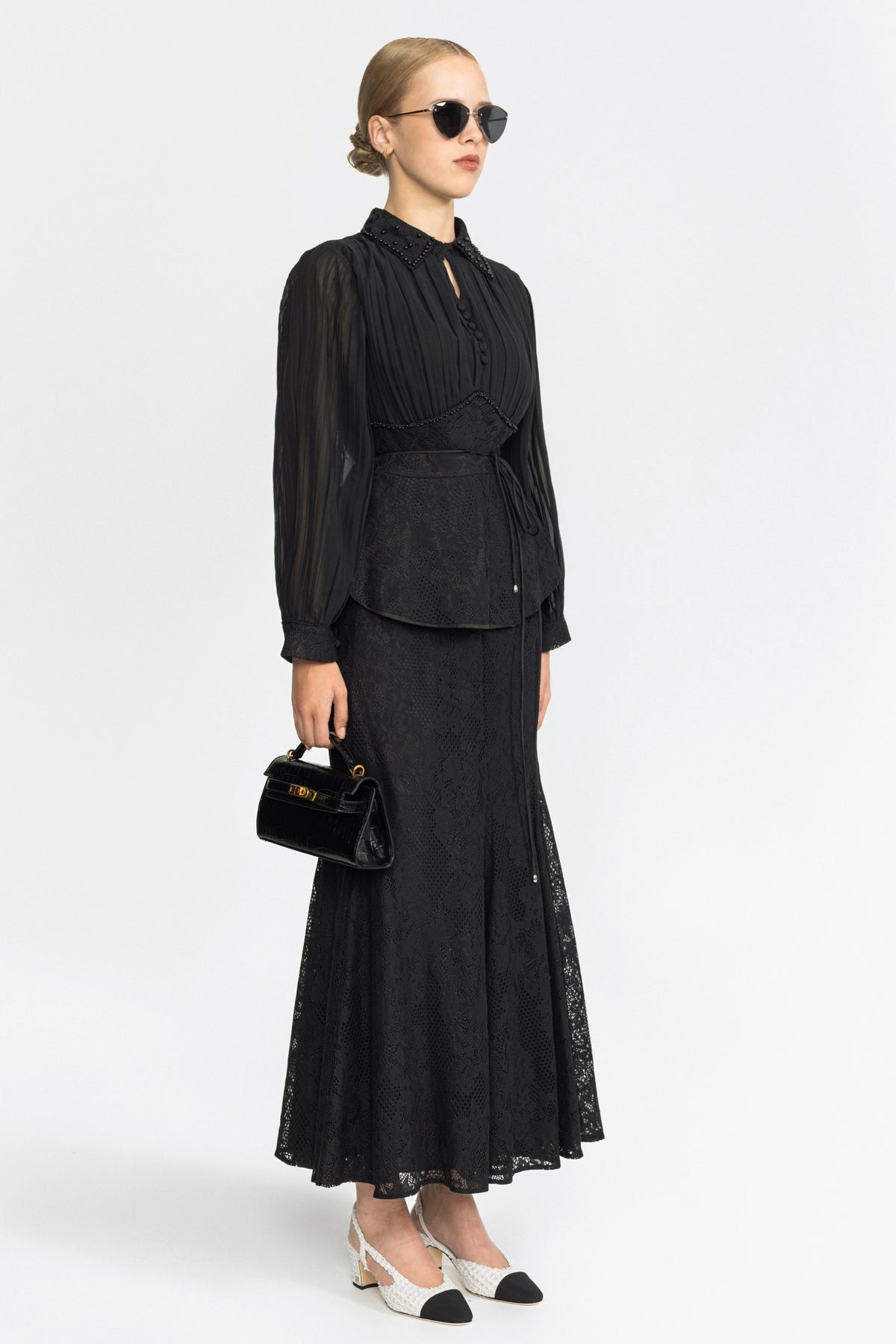 Pleated Chiffon Lace Peplum Blouse and Maxi Skirt Set - Black