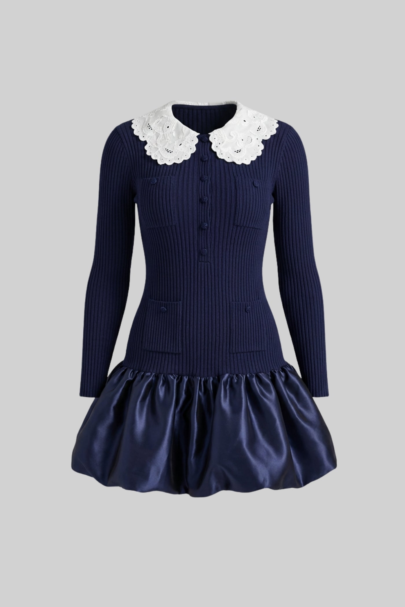 Knit Long Sleeve Mini Dress With Broderie Collar - Navy
