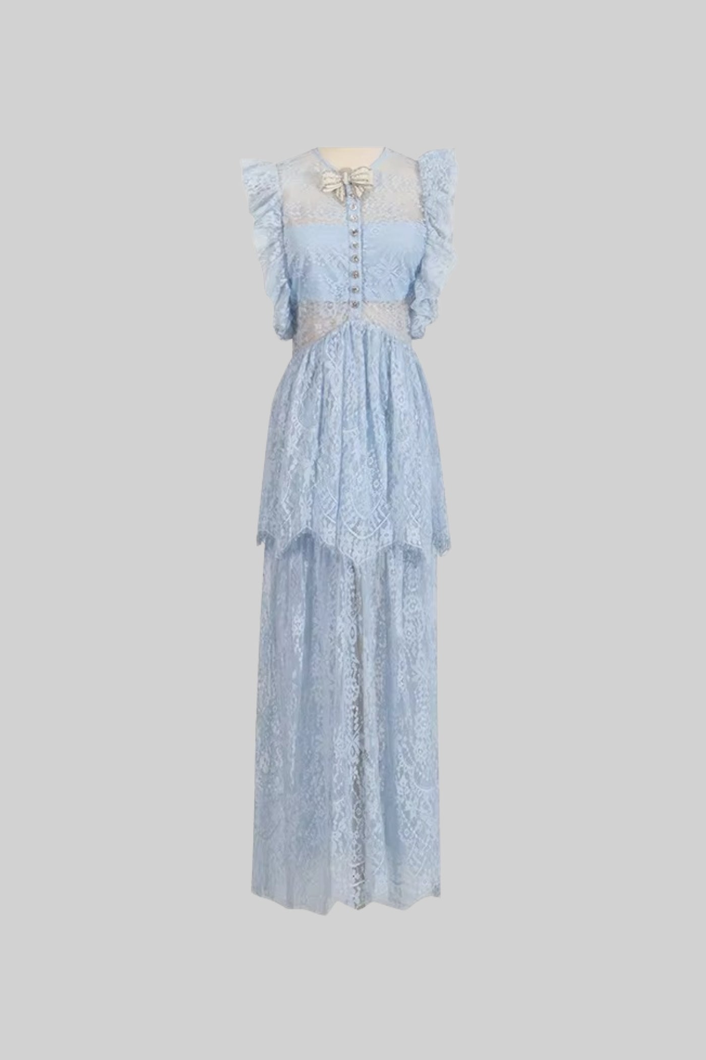 Elegant Vintage-Inspired Lace Dress With Ruffled Details And Layered Skirt - Blue