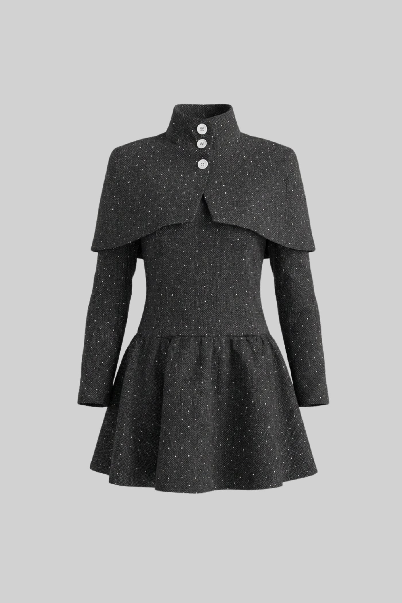 فستان ميني بأكمام طويلة مع طبقة كاب قابلة للفصل - فحمية