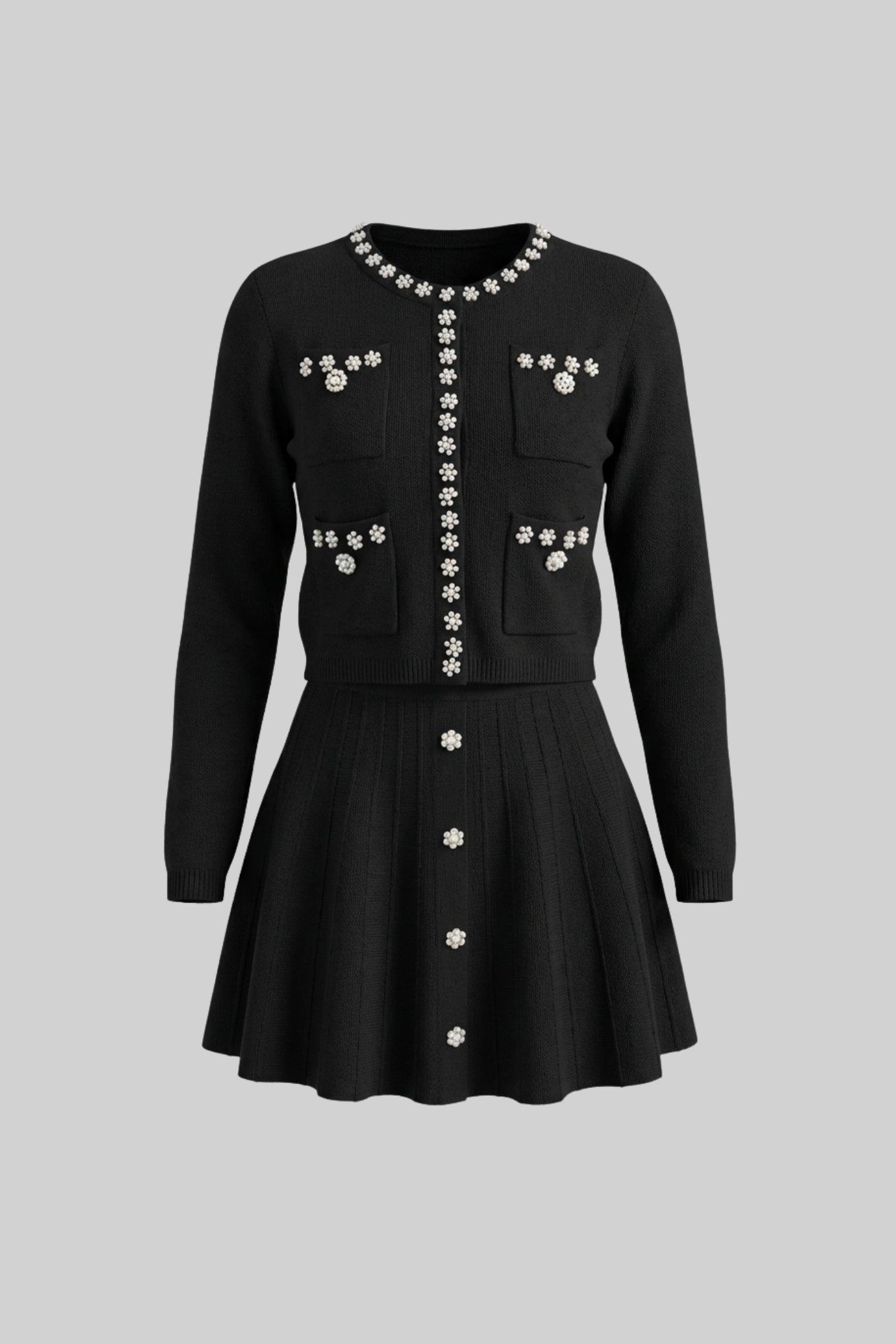 طقم منسوج متناسق مع كارديغان بأكمام طويلة وتنورة ميني متطابقة - أسود