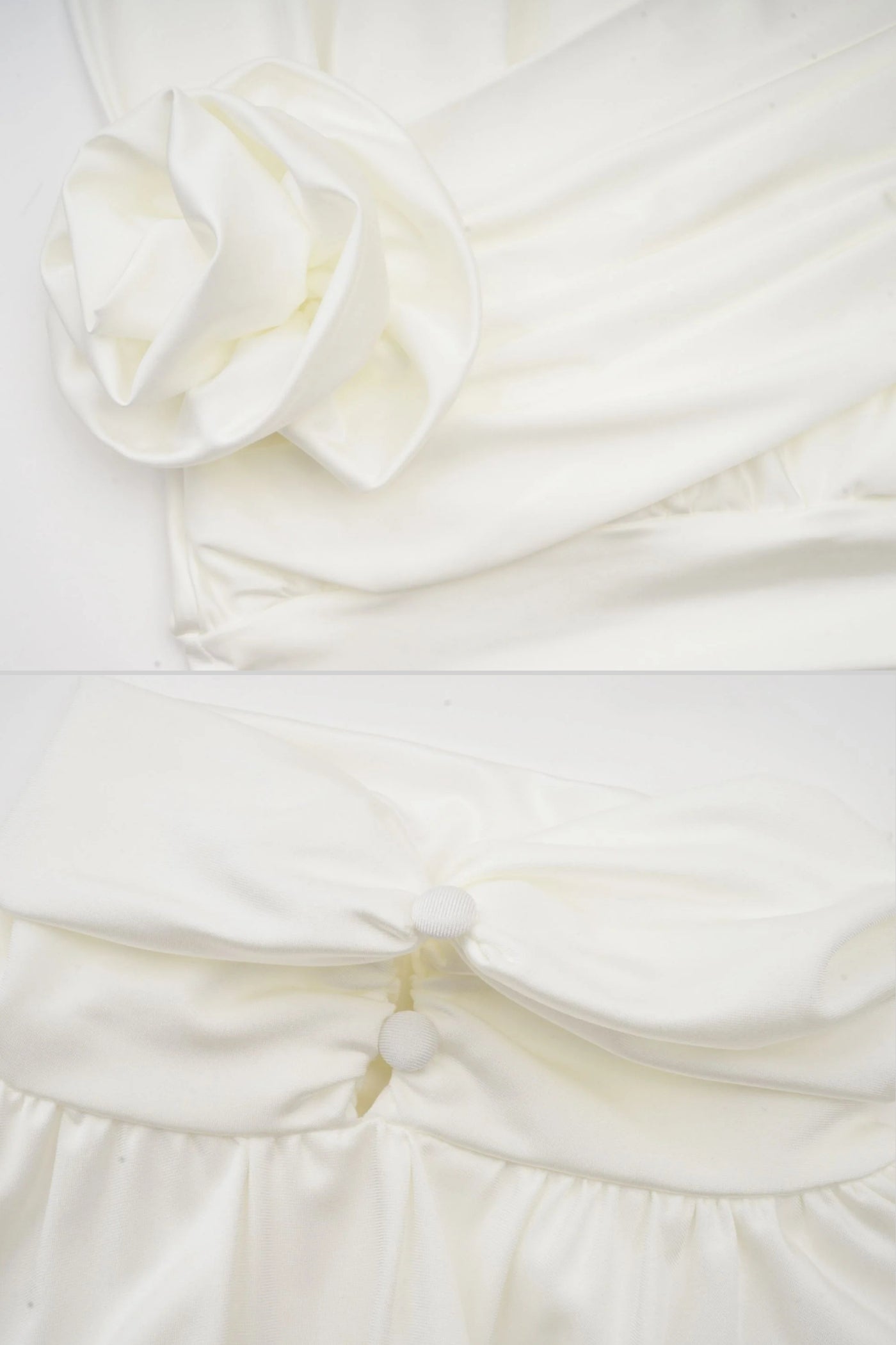 فستان أنيق بياقة عالية مع تفاصيل مطوية وزخرفة وردية جانبية - Ivoire