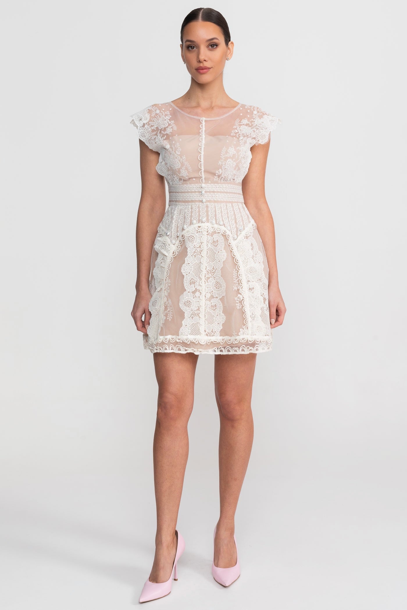 Cap Sleeve Mini Dress With Sheer Yoke And Pearl Button Detail - Ivoire