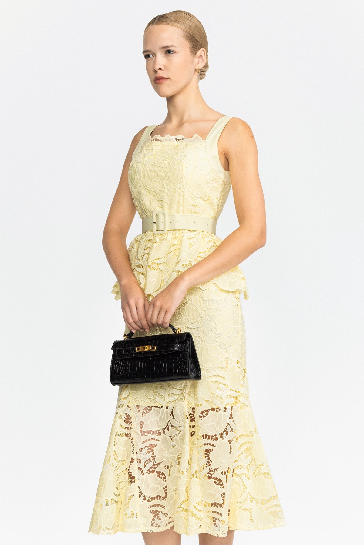 Guipure Lace Peplum Midi Dress - Yellow