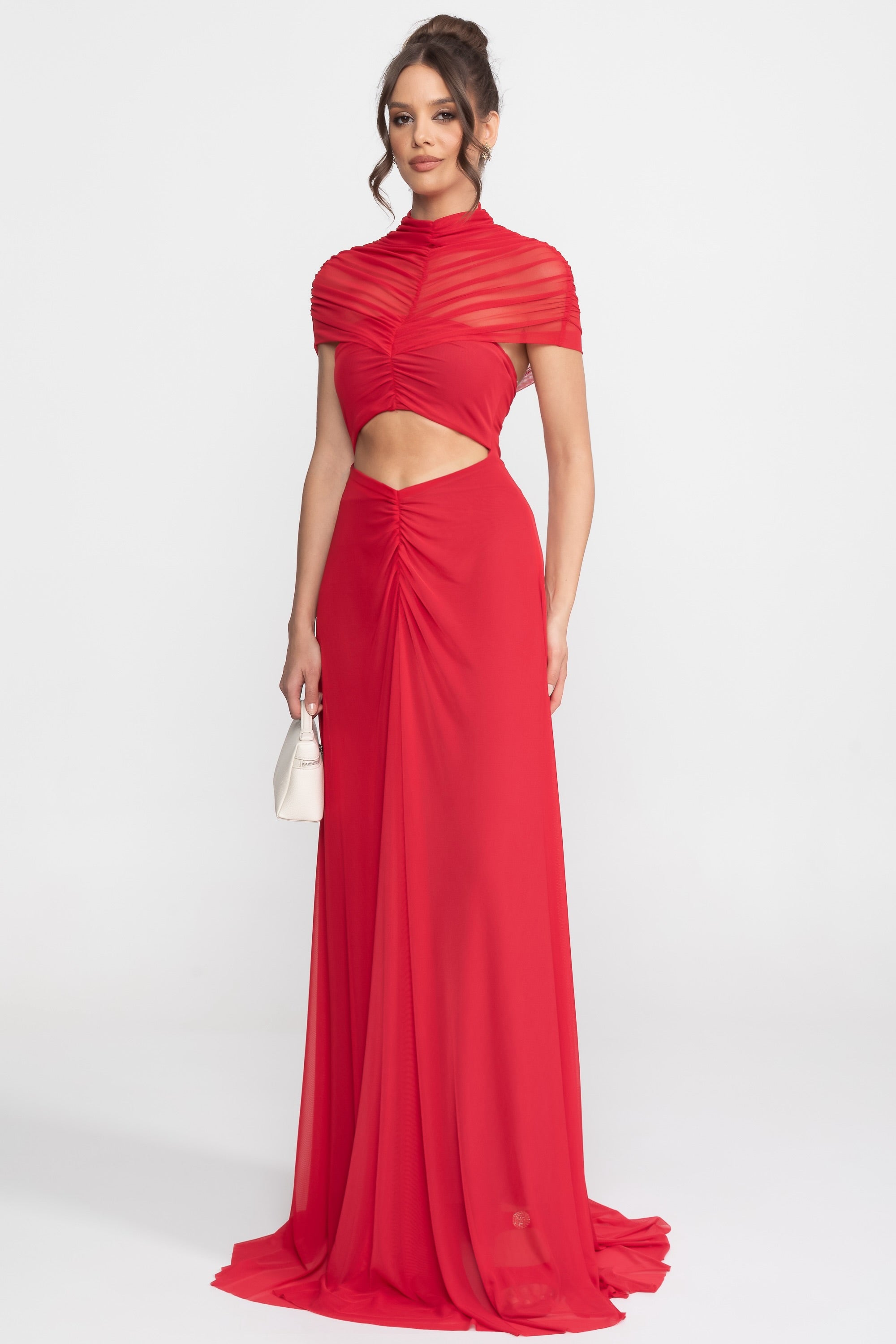 Ruched Off-The-Shoulder Maxi Dress With Cut-Out Waist - Crimson