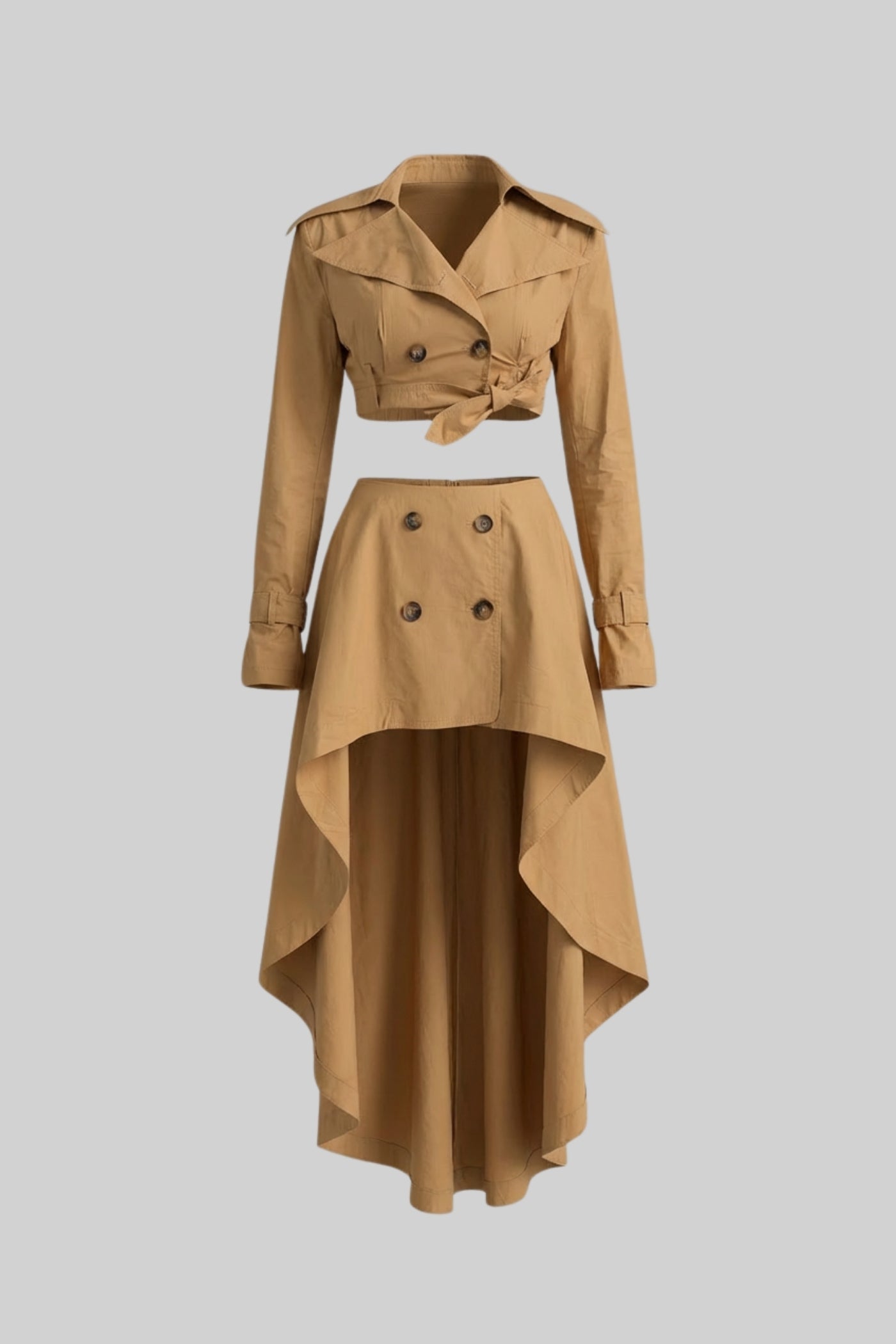 Cropped Trench Co-Ord Set With Asymmetric High-Low Skirt - Camel