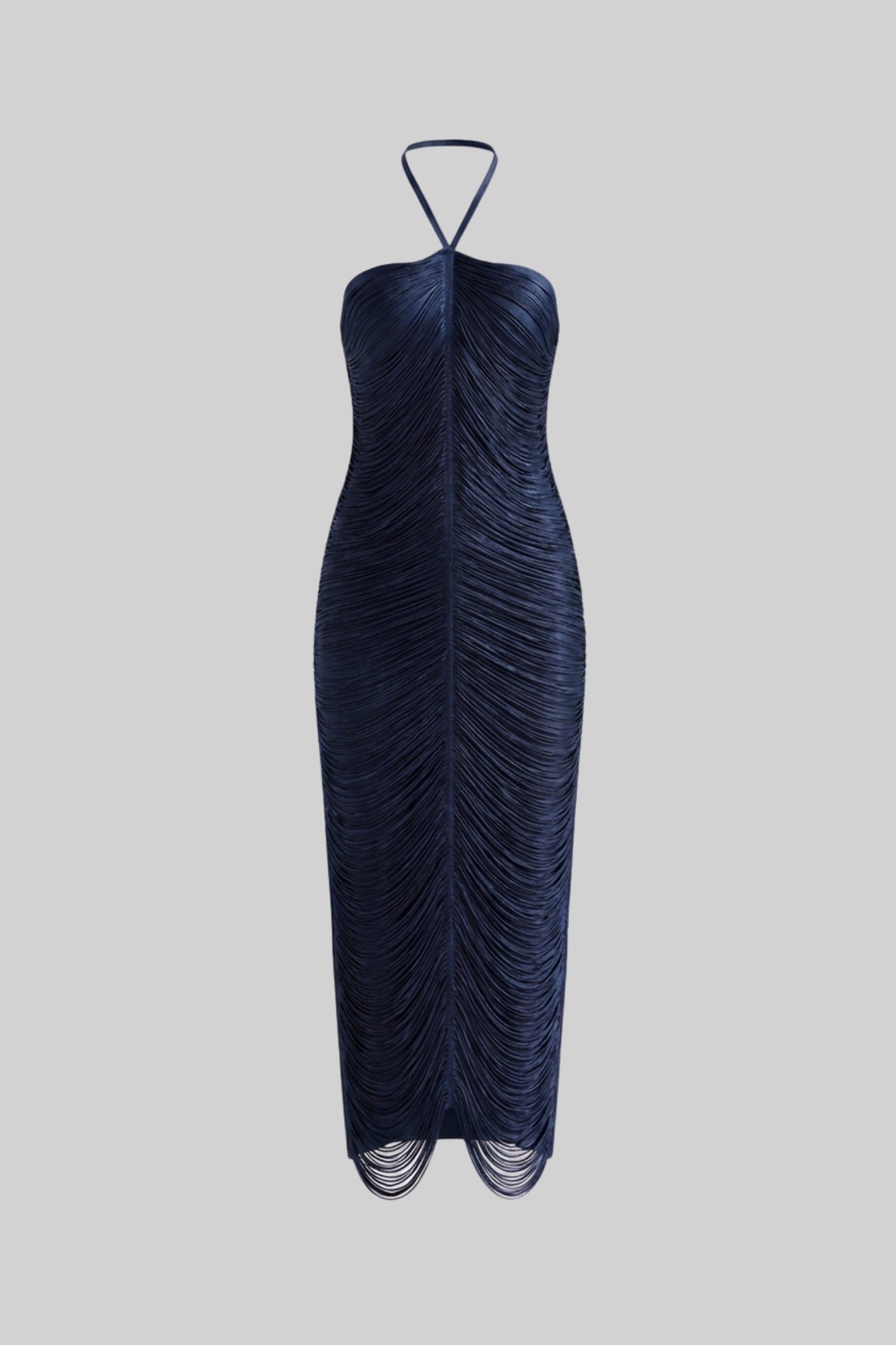 Halter Neck Midi Dress With All-Over Pleated Texture - Blue