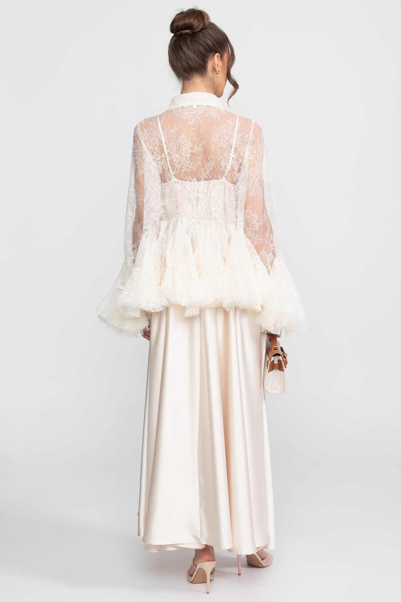 Sheer Lace Peplum Blouse With Ruffle Hem And Satin Maxi Skirt - Ivoire