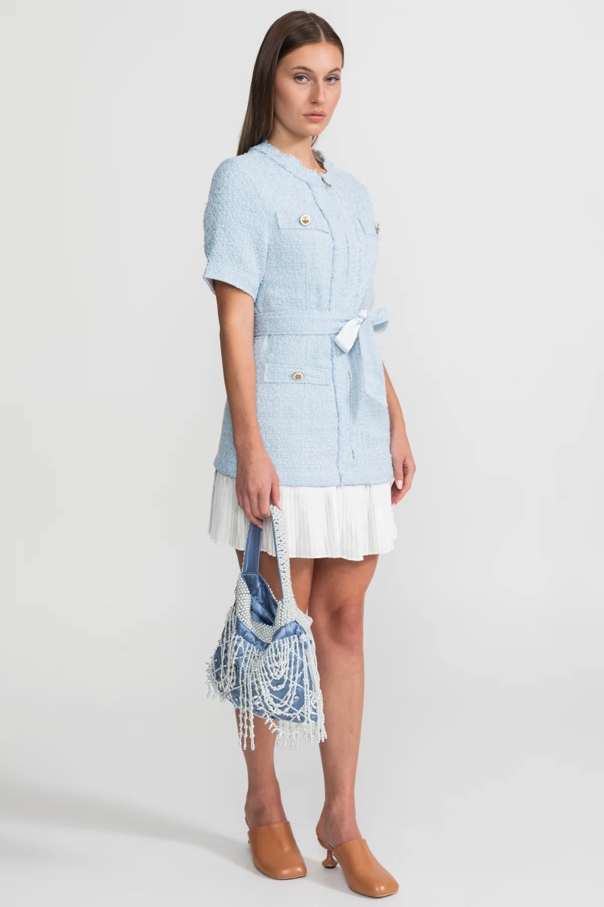 Belted Tweed Jacket Dress With White Pleated Hem – Powder Blue