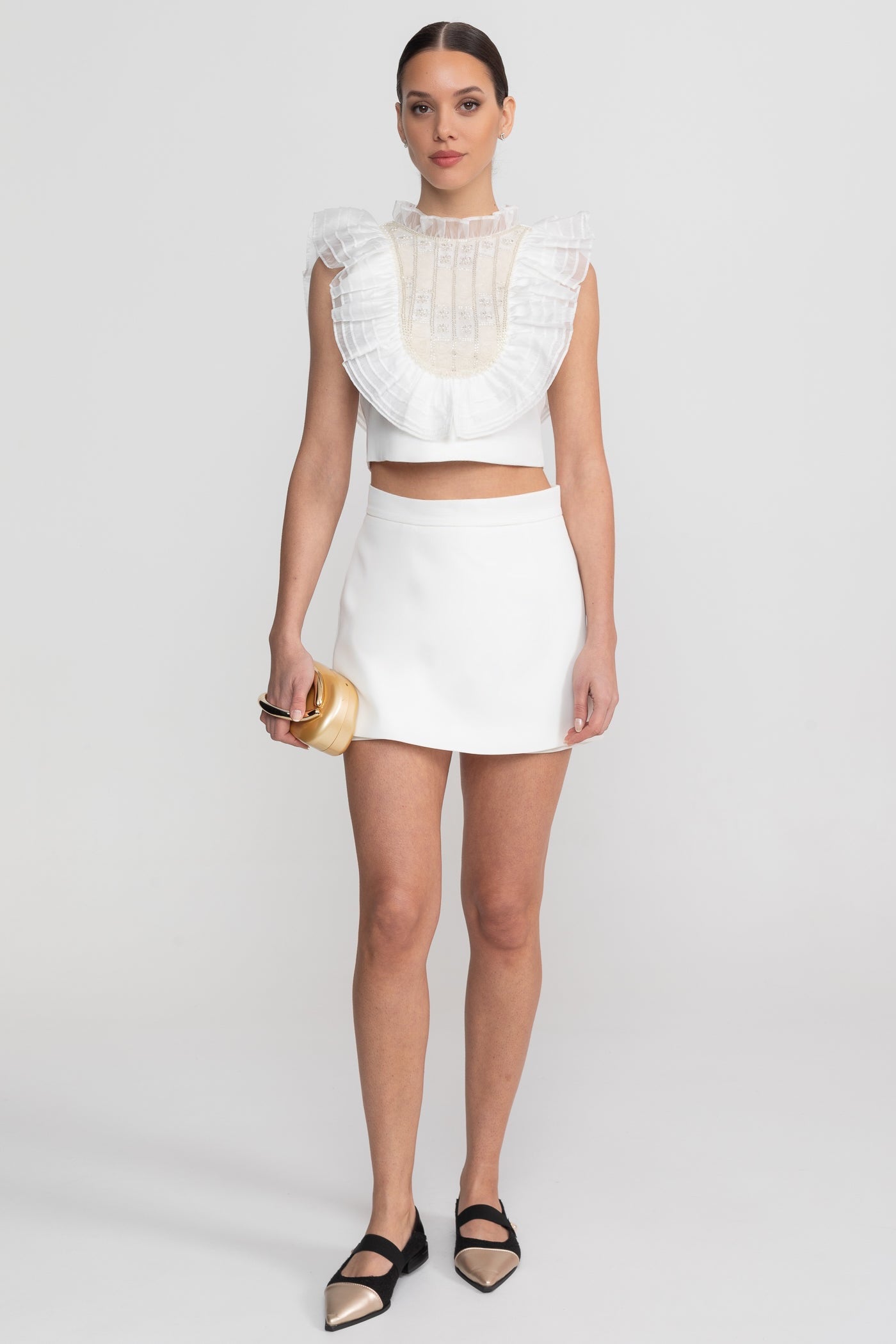 Sleeveless Co-Ord Set With Pleated Ruffle Bib Detail - White