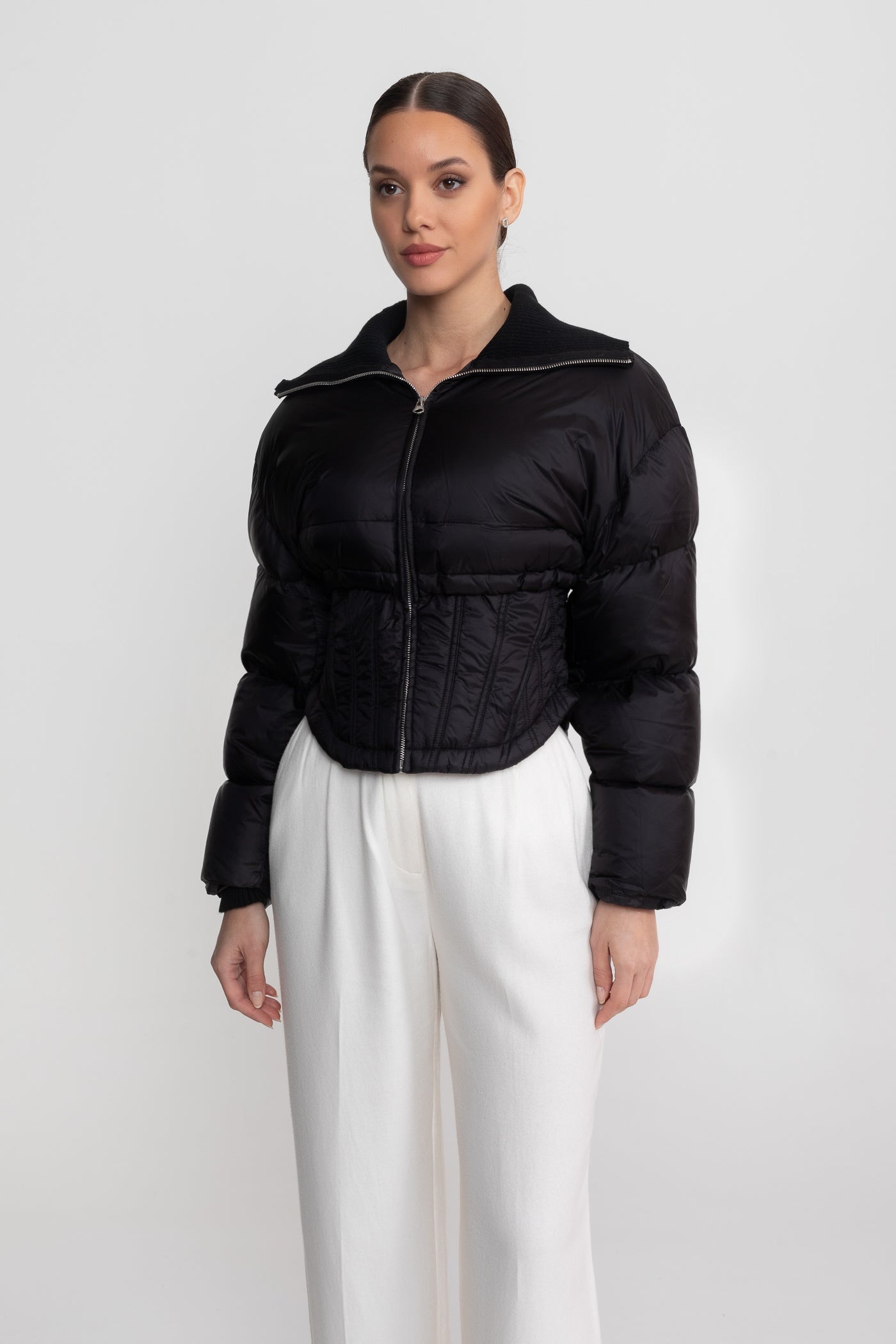 Cropped Puffer Jacket With Corset Waist Detailing - Black