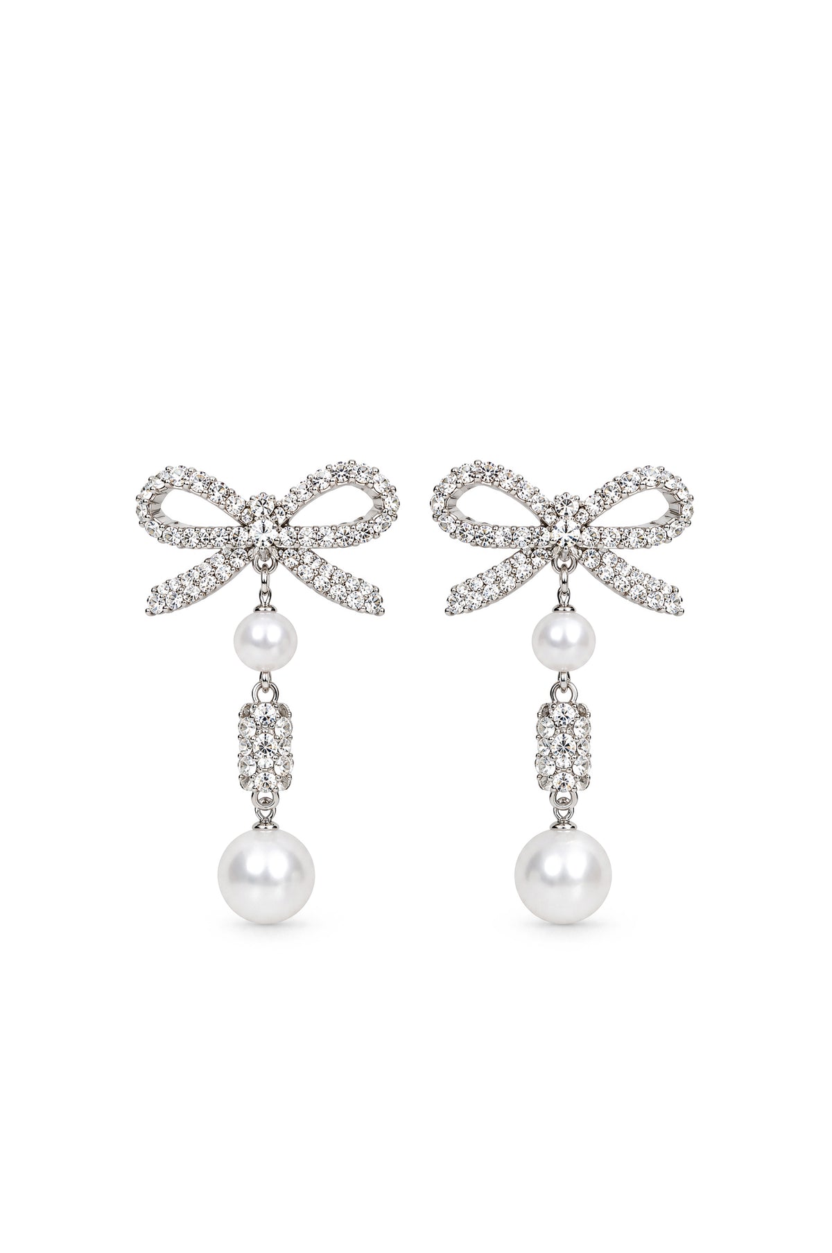 طقم قلادة Crystal Bow وأقراط Pearl Drop المتدلية - فضي