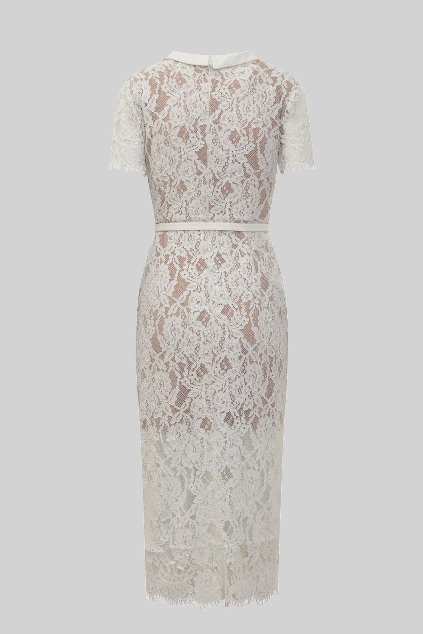 Elegant Short Sleeve Lace Dress With Matching Waist Belt - White