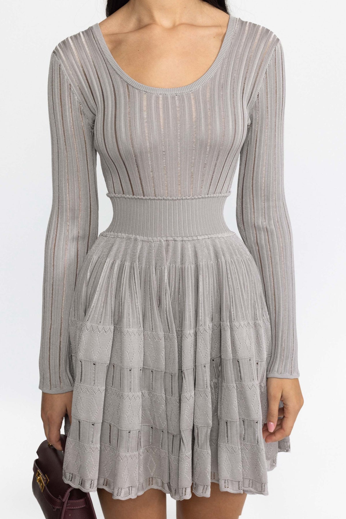 Ladder Knit Scoop Neck Skater Mini Dress - Grey