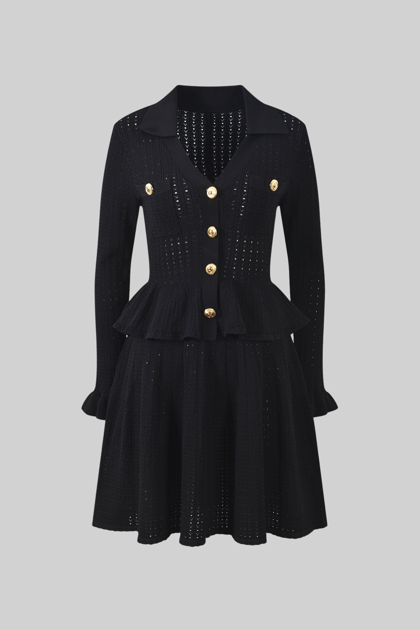 Knit Mini Dress with Peplum Waist and Gold Button Detail - Black