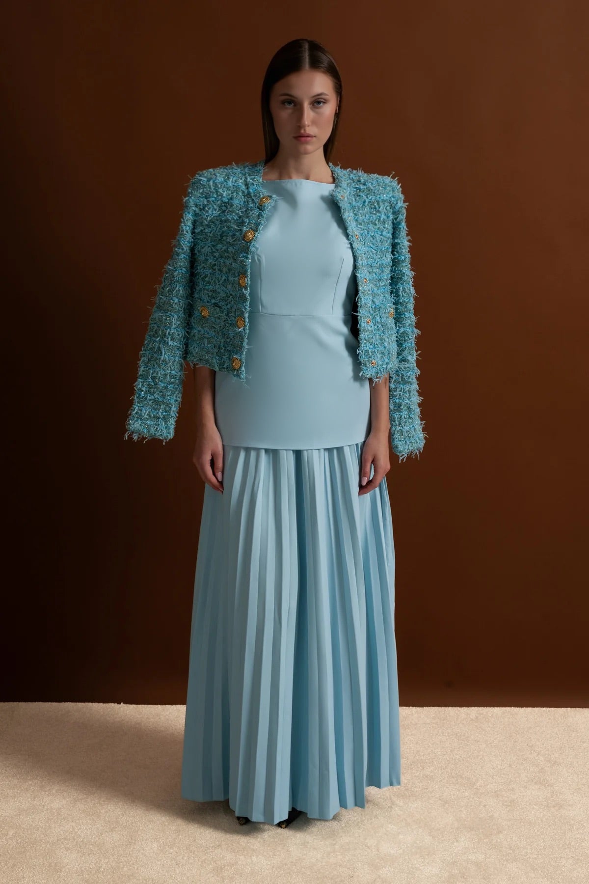 Sleeveless Maxi Co-Ord With Tailored Bodice And Pleated Skirt - Blue