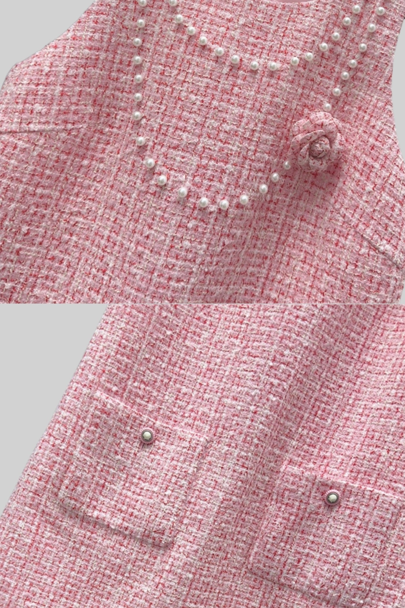 Sleeveless Tweed Mini Dress with Pearl Embellishments - Pink