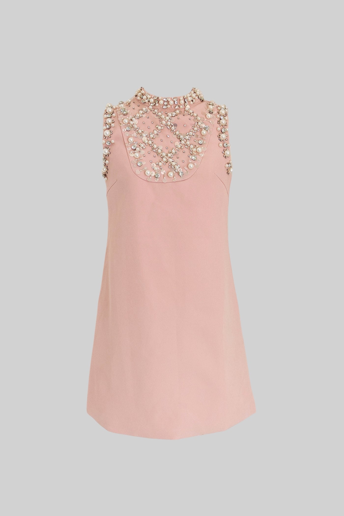 Embellished Sleeveless Mini Dress with High Neckline - Blush Pink