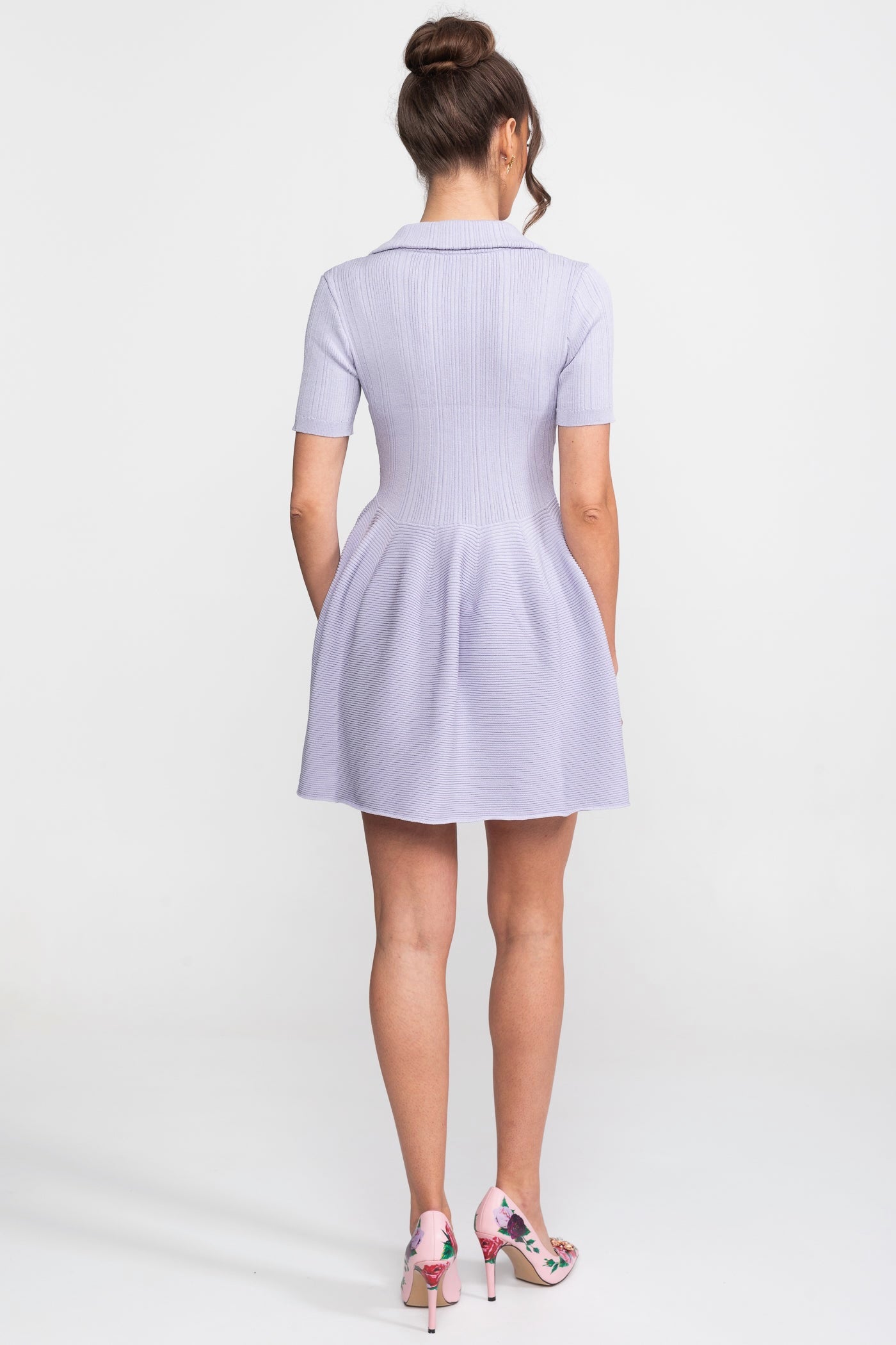 Ribbed Knit Mini Dress With Open Polo Collar And Jewel Buttons - Lilac