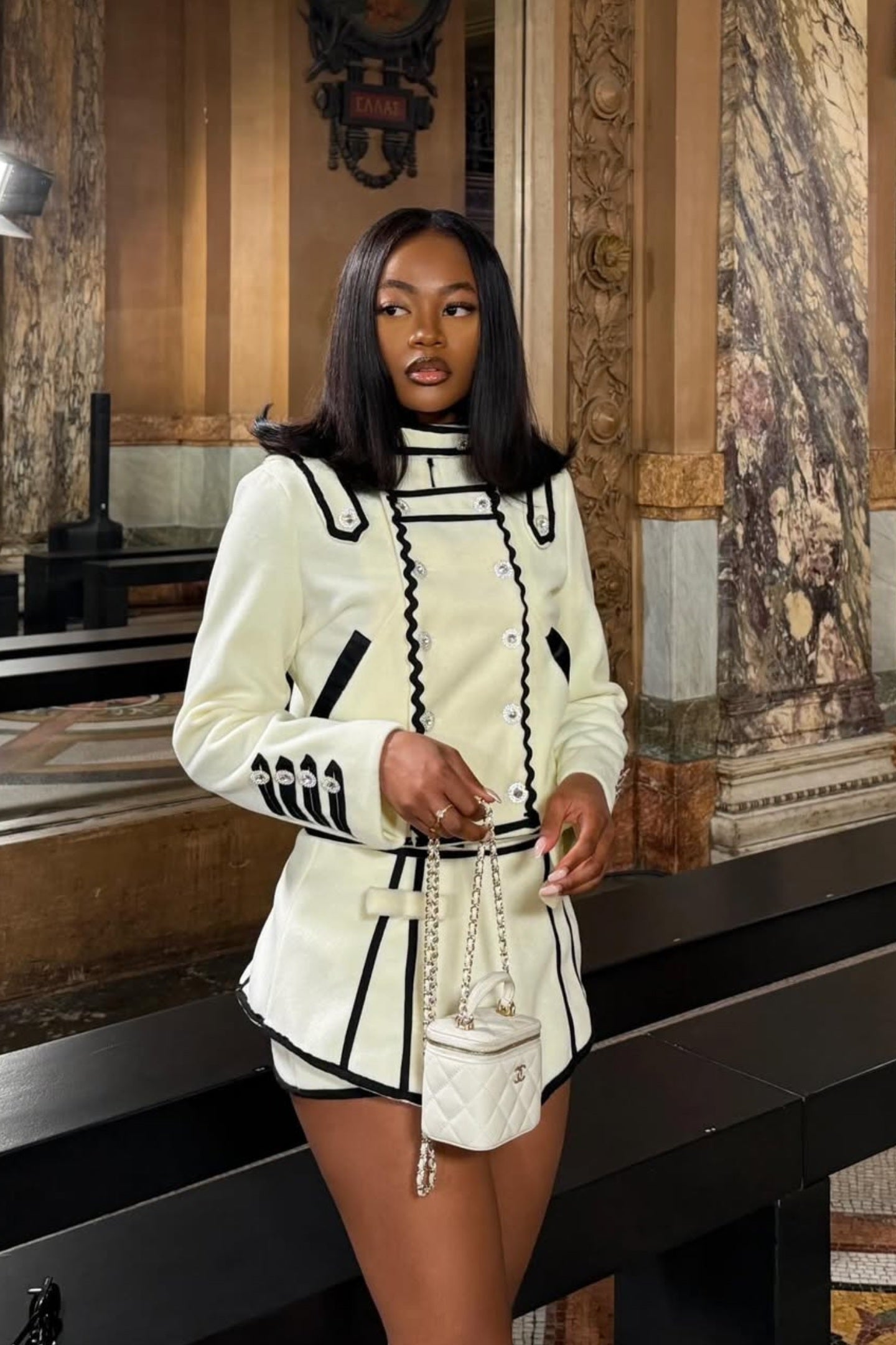 Structured Co-Ord Set with Contrast Trim and Crystal Buttons – Ivoire
