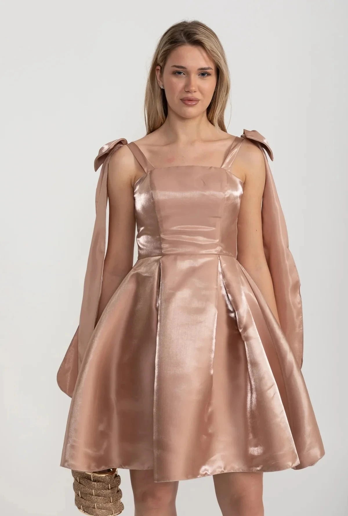 Elegant Satin Fitted Dress With Flared Skirt And Decorative Shoulder Bow Accents - Brown