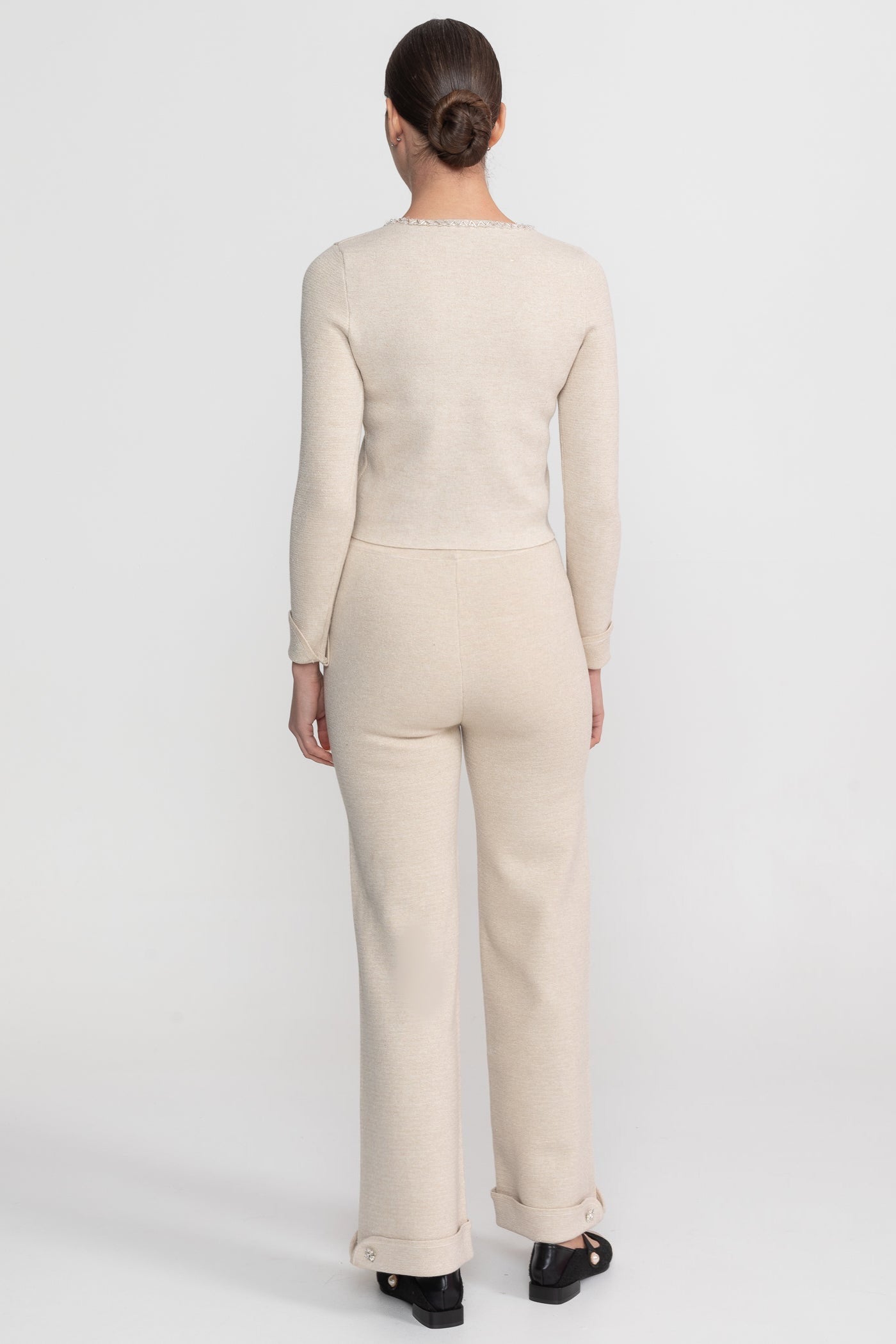 Long Sleeve Knit Co-Ord Set With Sparkling Embellishments - Beige