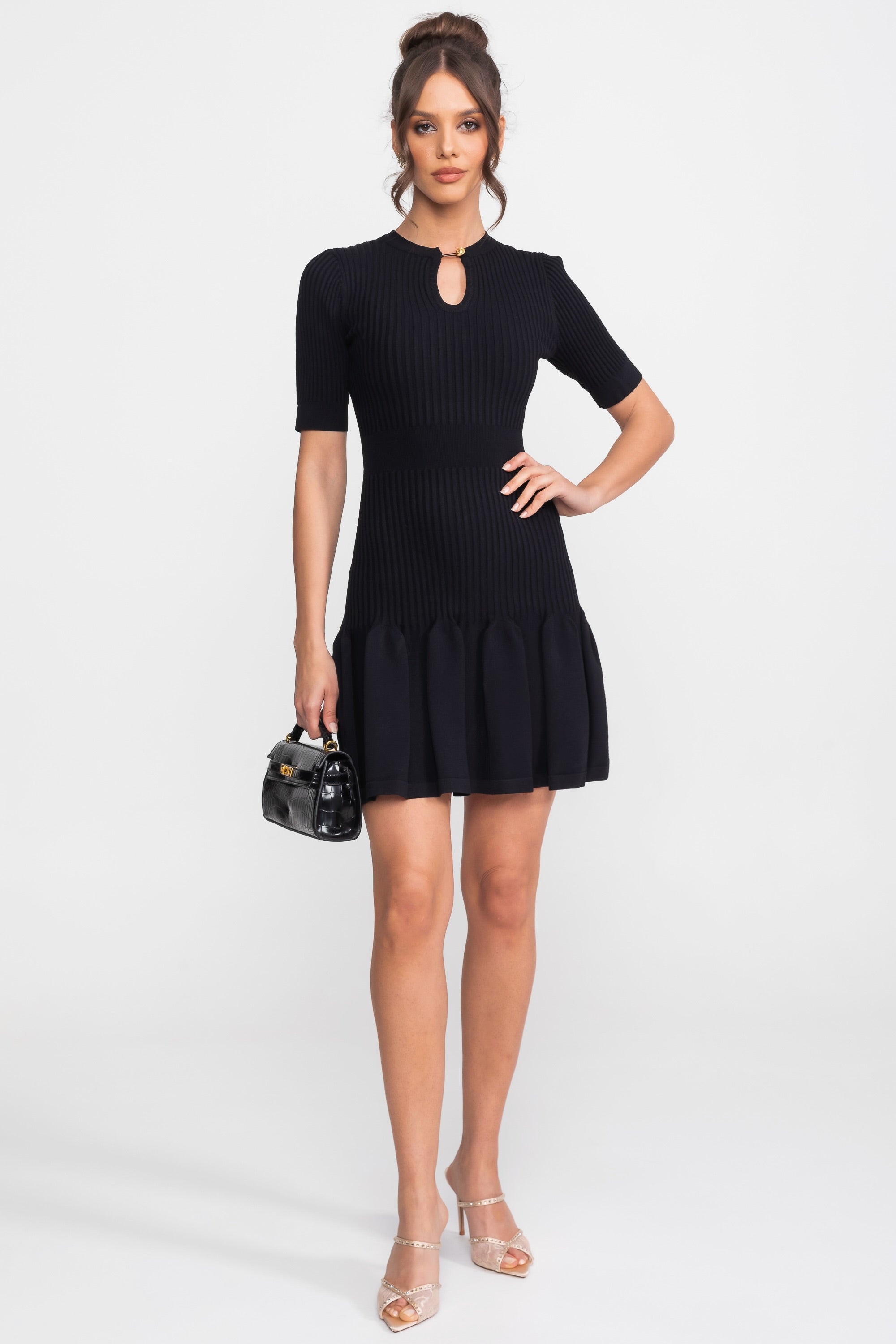 Ribbed Knit Mini Dress With Gold Button Keyhole Neckline - Black