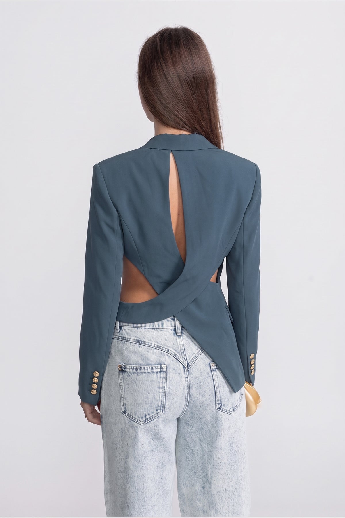 بليزر غير متماثل بفتحات Cut-Out مع تفصيل حزام - تركوازي