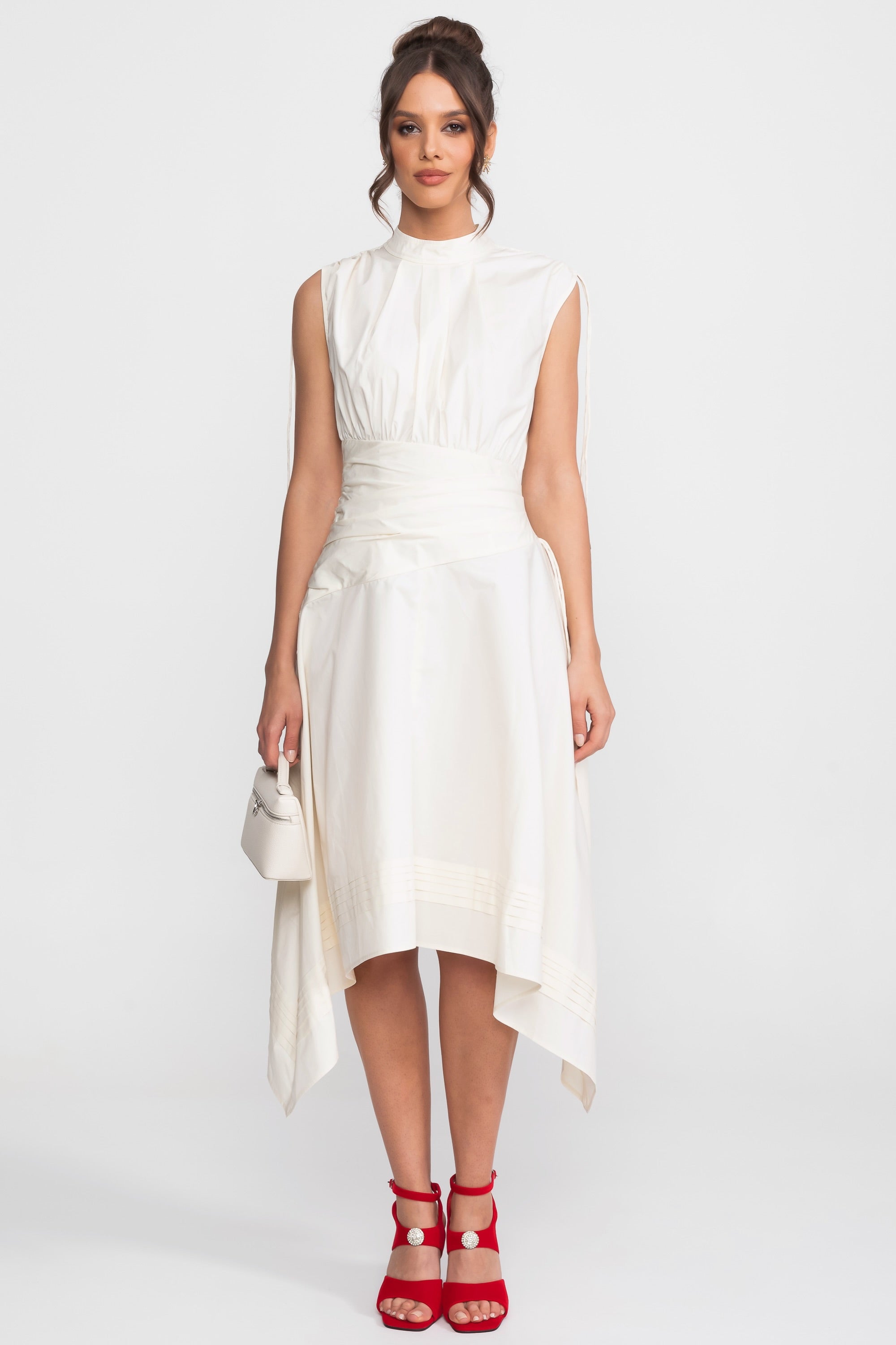 Sleeveless Asymmetric Midi Dress With Ruched Waist And Handkerchief Hem - Ivoire