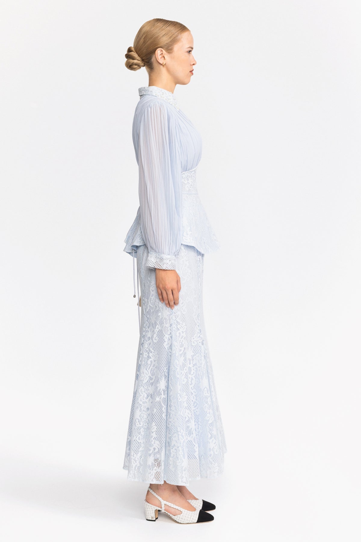 Pleated Chiffon Lace Peplum Blouse and Maxi Skirt Set - Light Blue