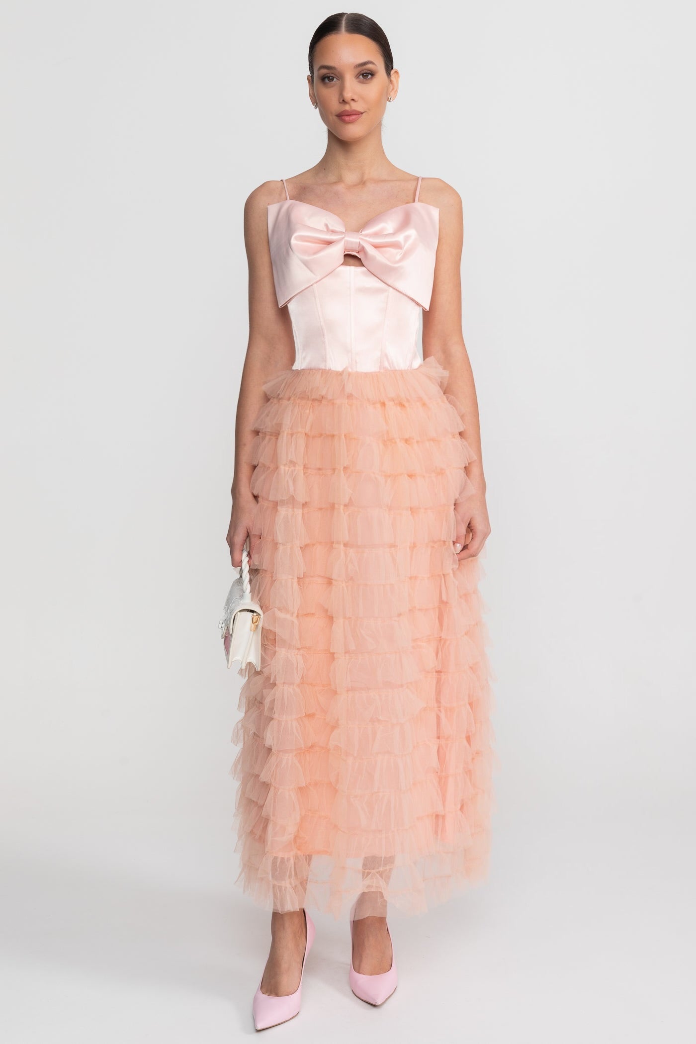 Satin Bow Strap Maxi Dress With Tiered Tulle Skirt - Blush Pink