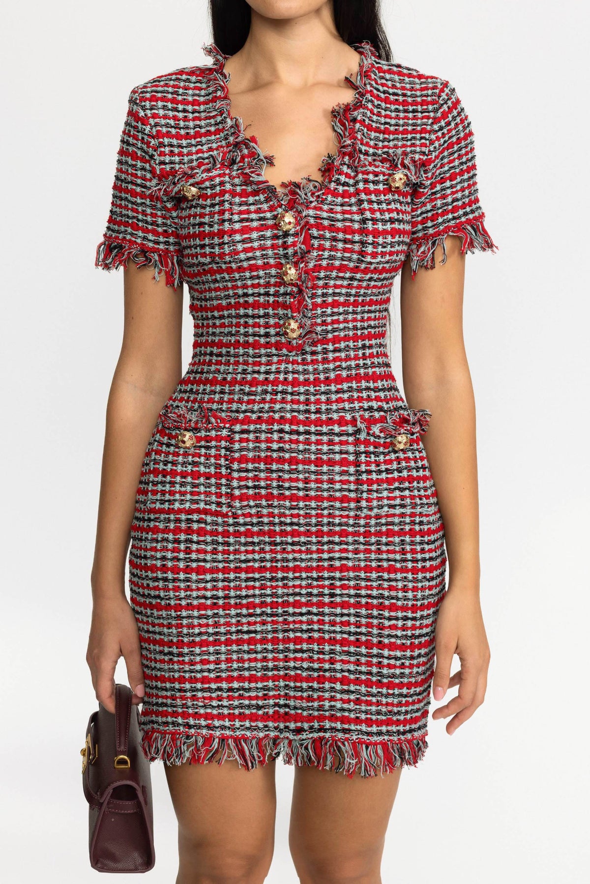 Fringed Tweed Knit Mini Dress - Red Multi