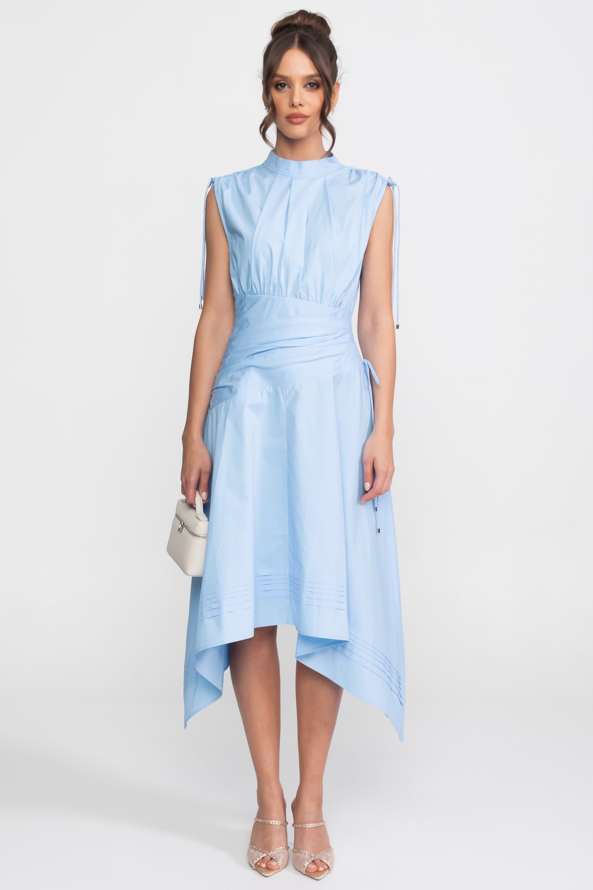 Sleeveless Asymmetric Midi Dress With Ruched Waist And Handkerchief Hem - Light Blue