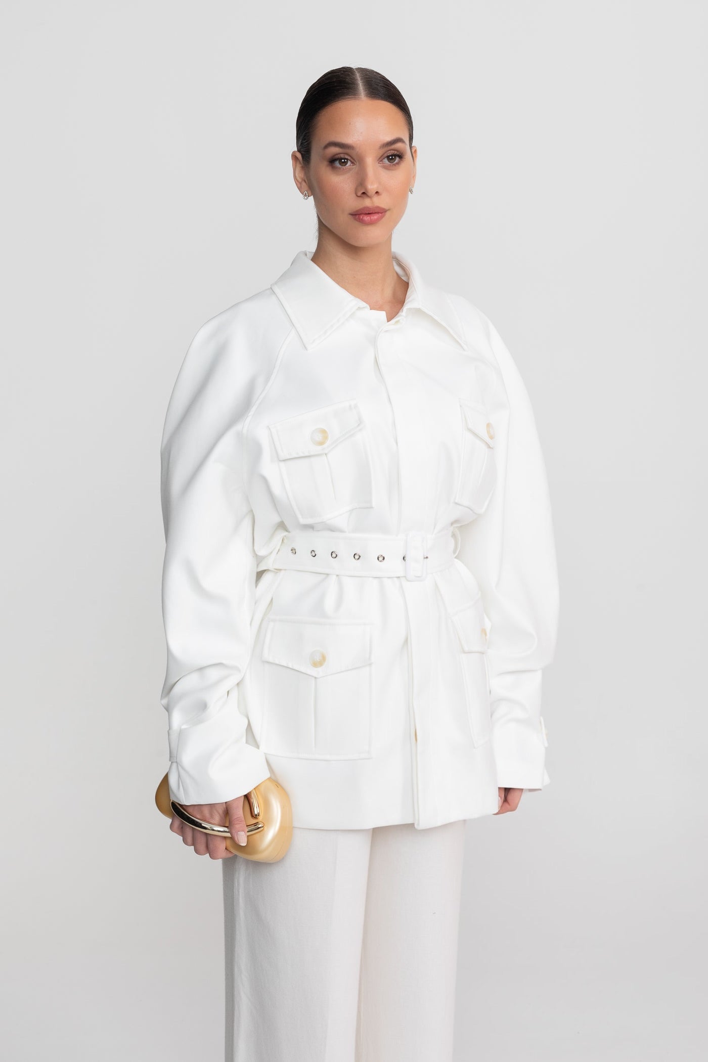 Belted Trench-Coat Jacket With Oversized Patch Pockets - White