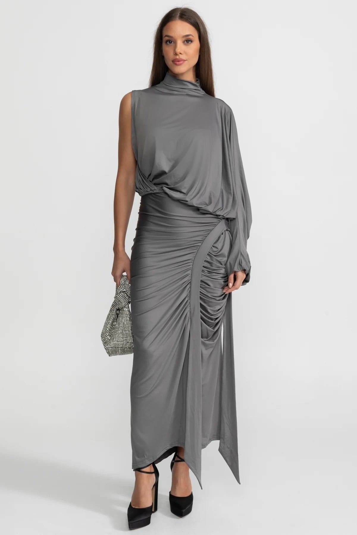 Draped Asymmetric Top and Ruched Maxi Skirt Co-Ord Set – Steel Grey