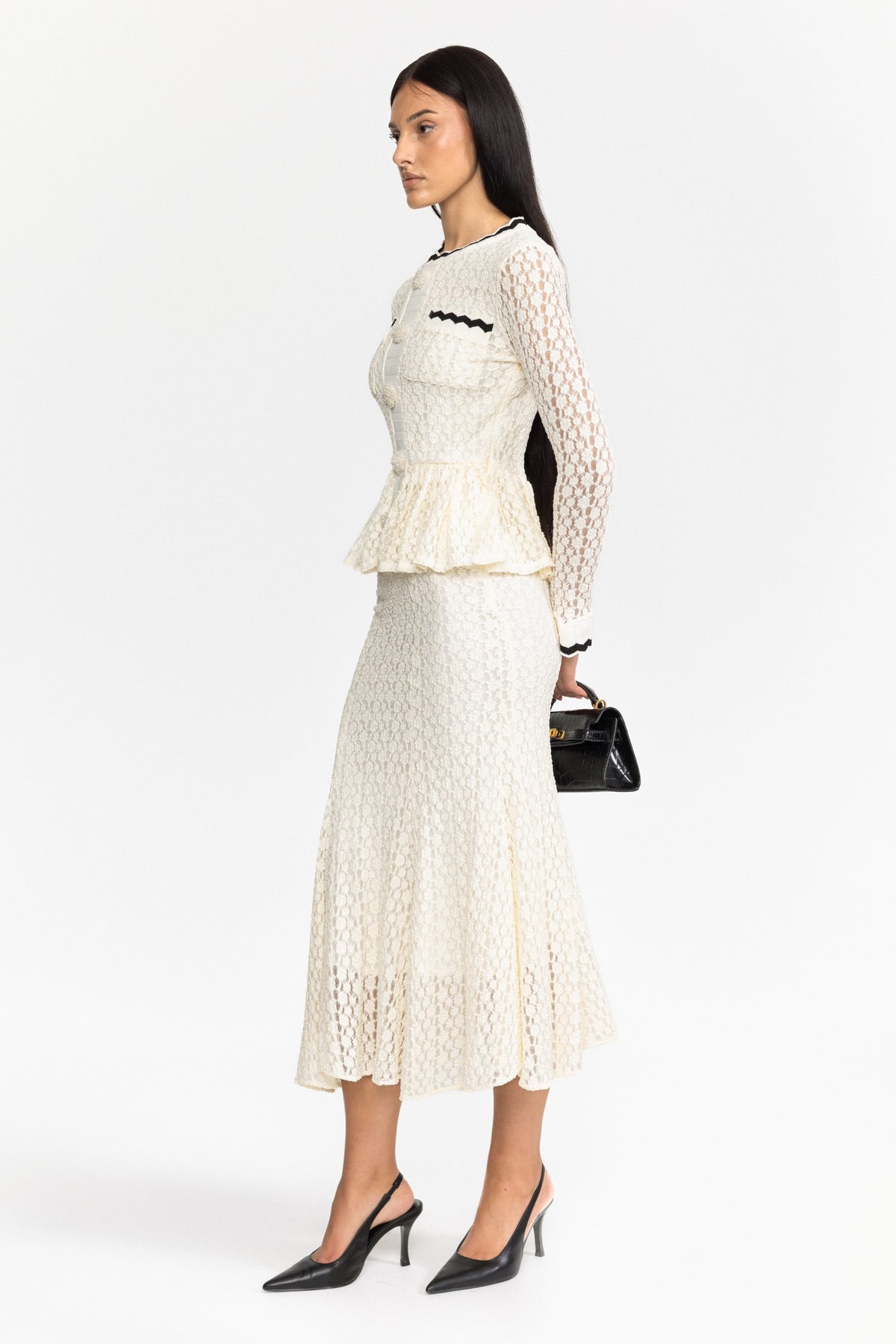 Crochet Knit Peplum Midi Dress with Ric-Rac Trim - Off-White