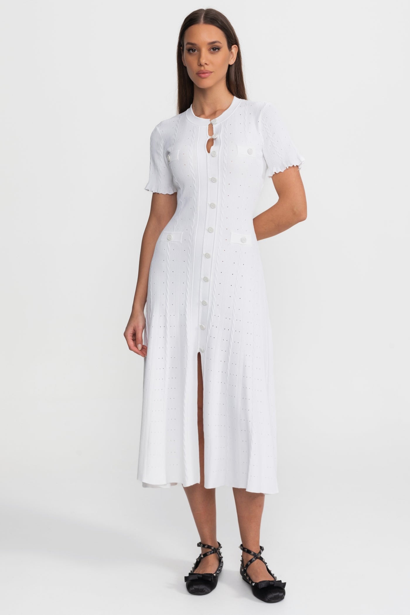 Knit Button-Front Midi Dress with Scalloped Sleeves – White